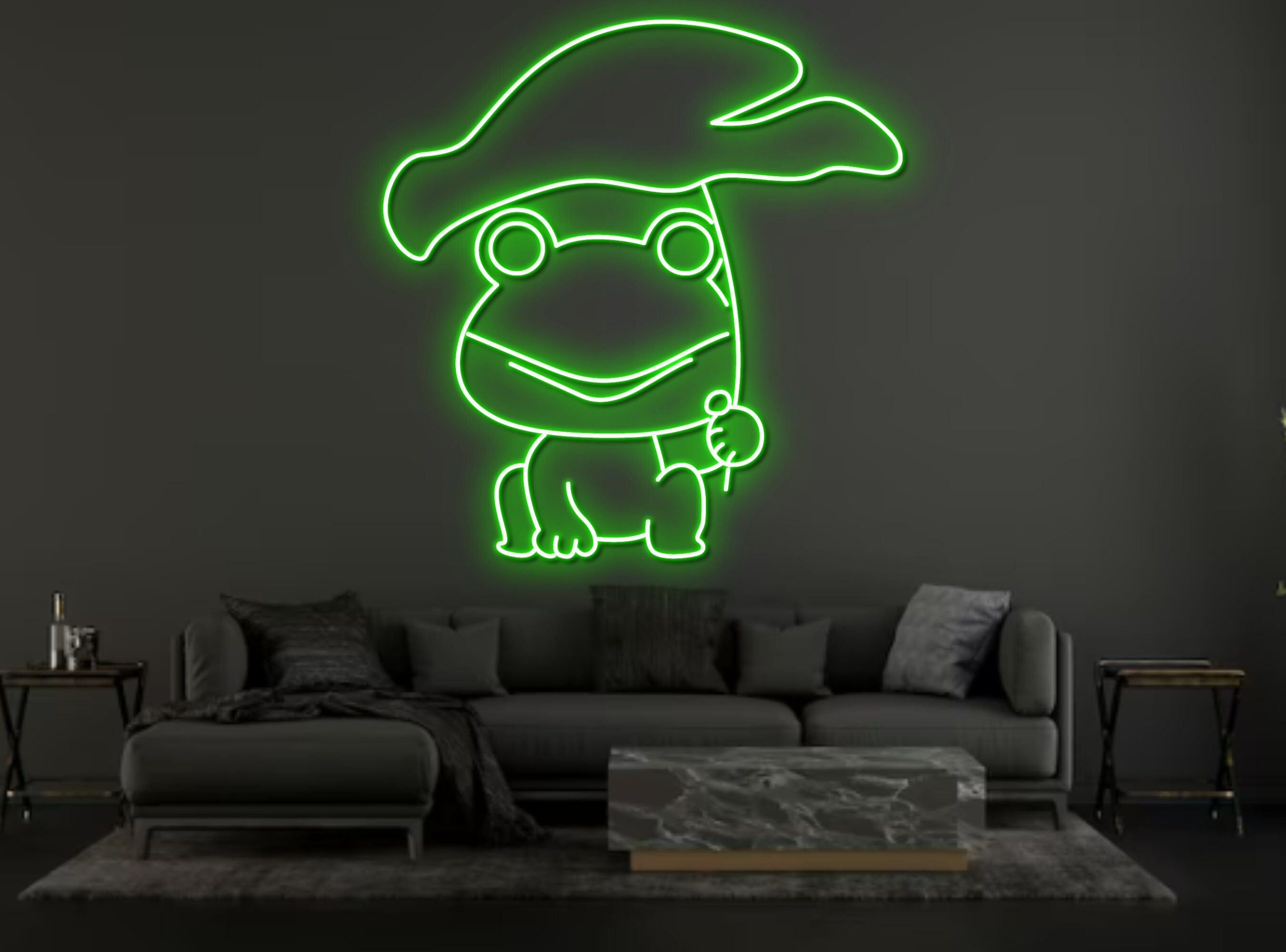 Raining Chibi Frog Under Green Leaf Neon Sign