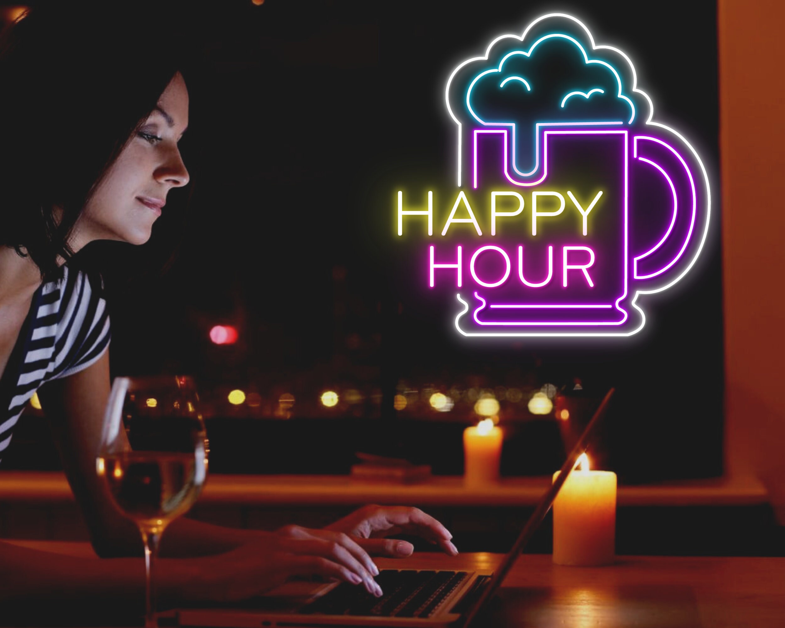 Happy Hour Beer Bottle Glass Foam Neon Sign