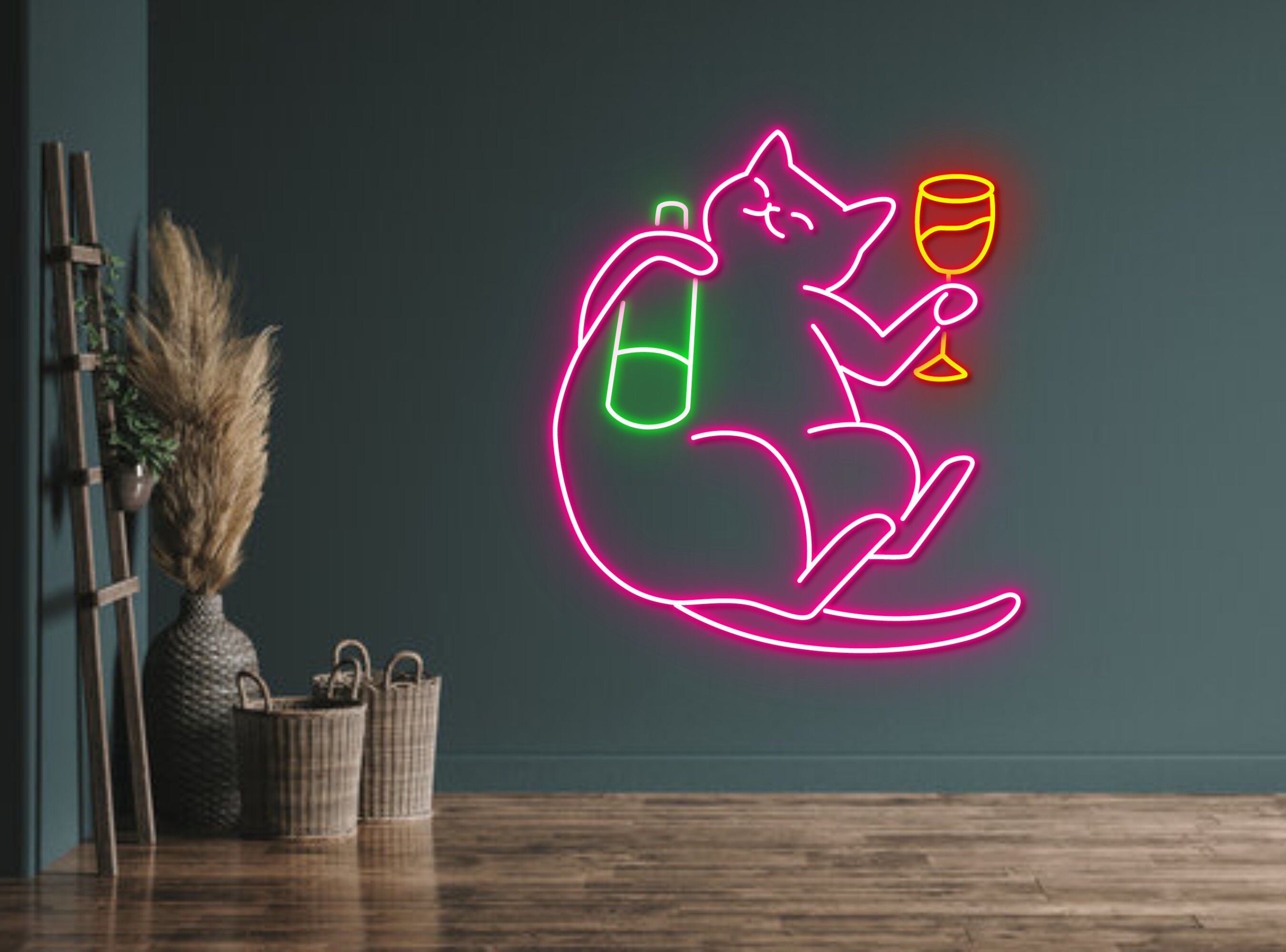 Cat Hug Wine Bottle And Champagne Neon Sign