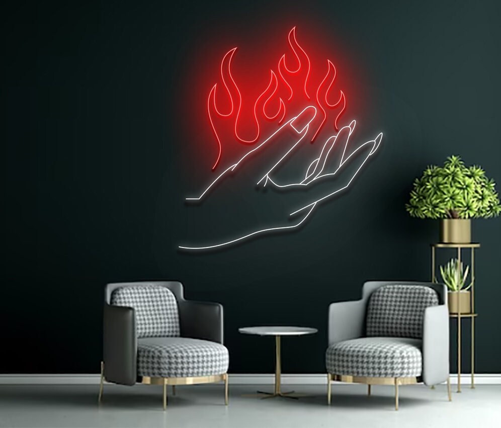Woman Hand Hold Fire Neon Sign Abstract Wall Art