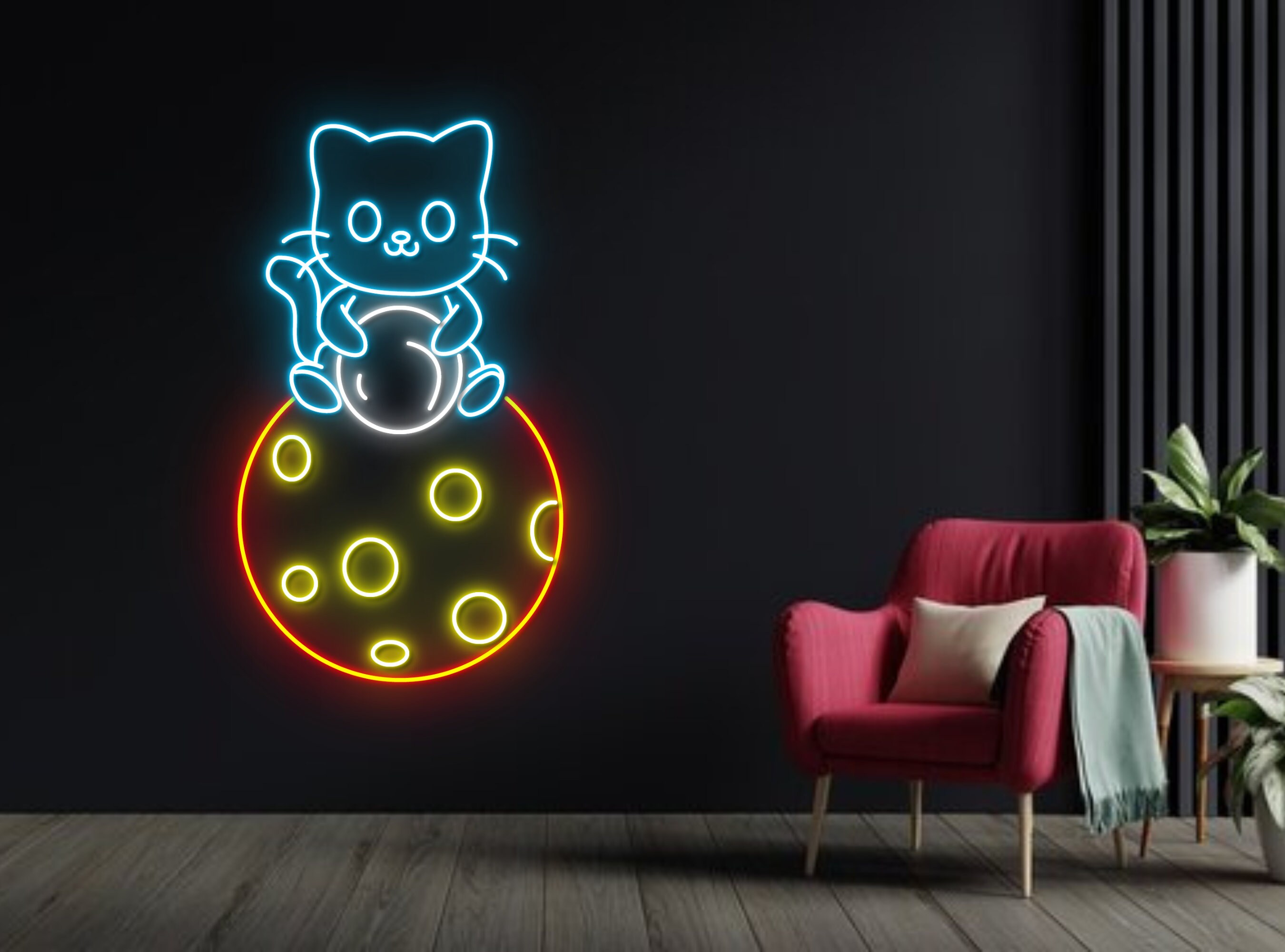 Cute Cat Sitting On Virus Line Art Neon Sign