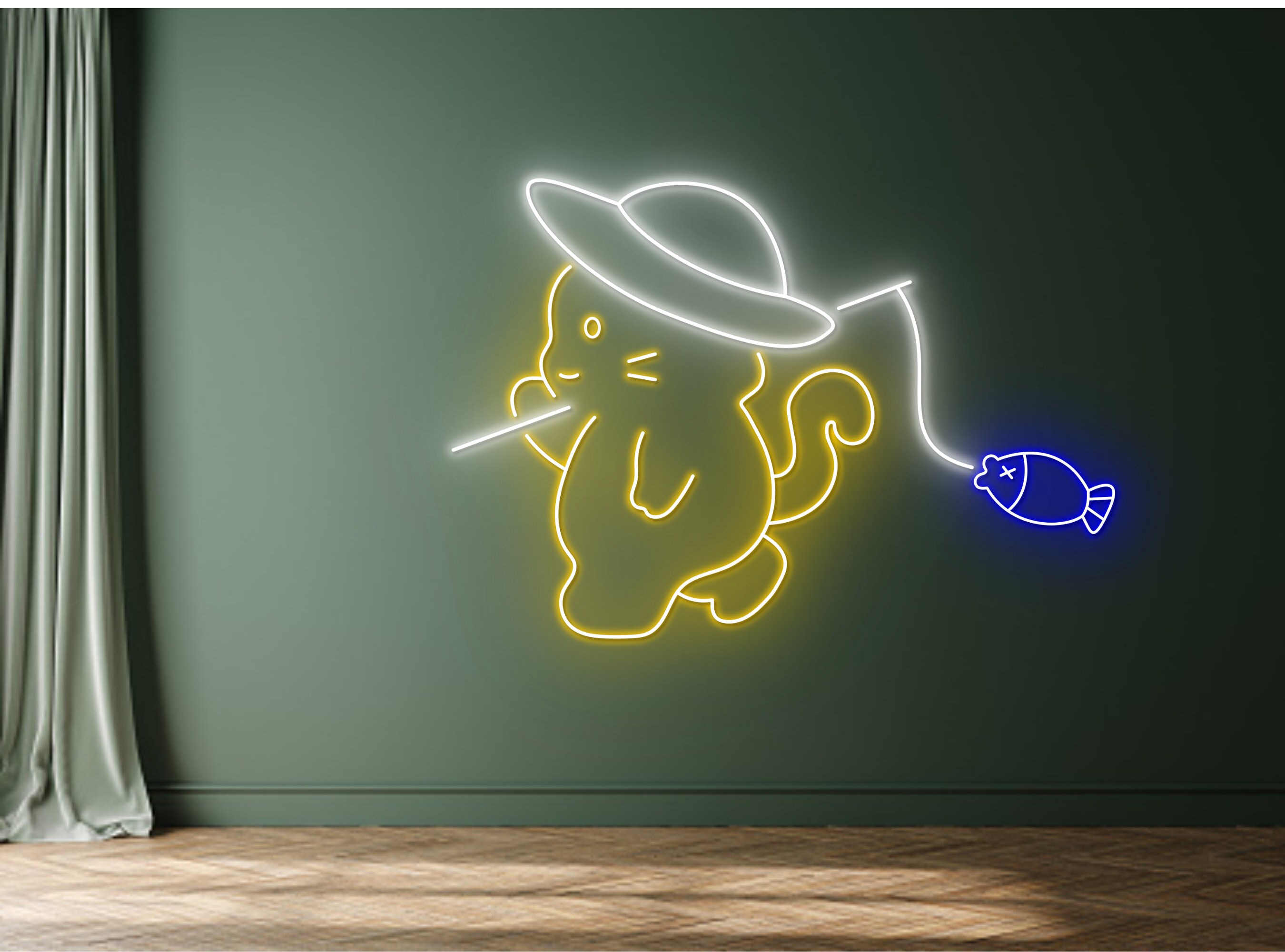Cute Cat Fishing Line Art Neon Sign