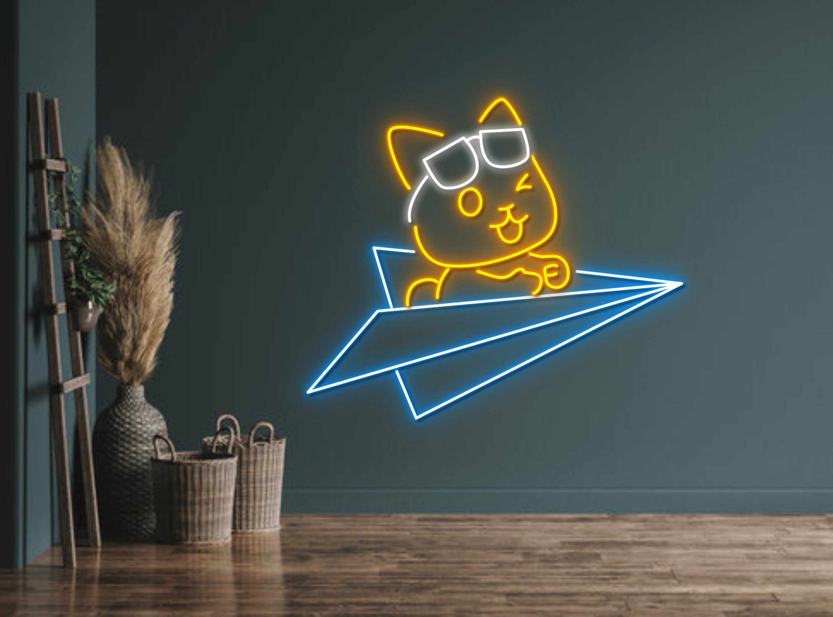 Chibi Dog Sitting On Paper Plane Neon Sign