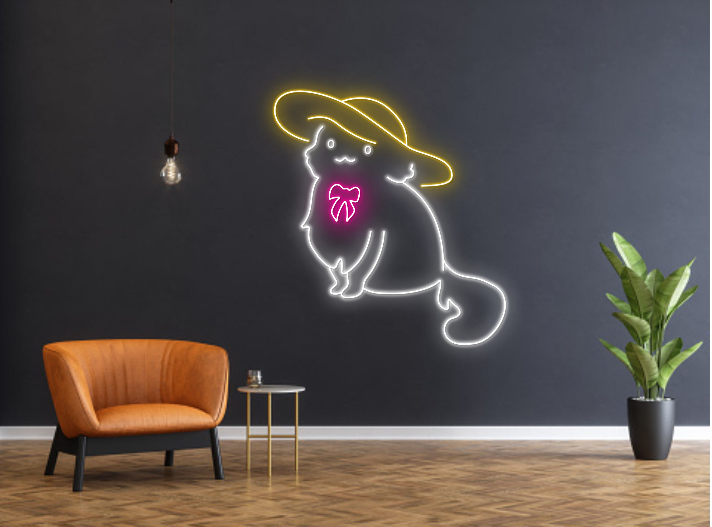 Chibi Cat With Hat And Bow Line Art Neon Sign