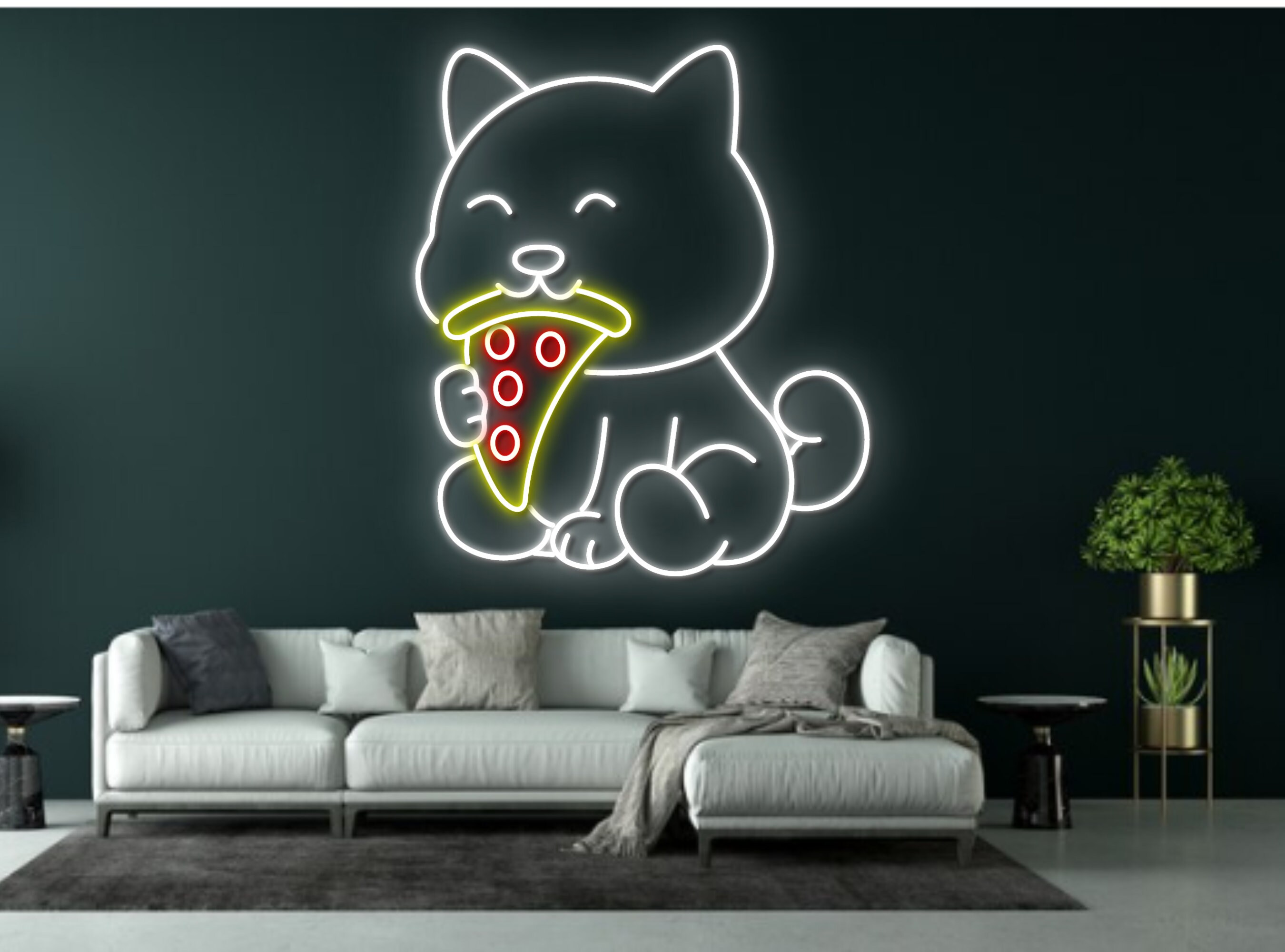 Chibi Dog Eat Pizza Neon Sign