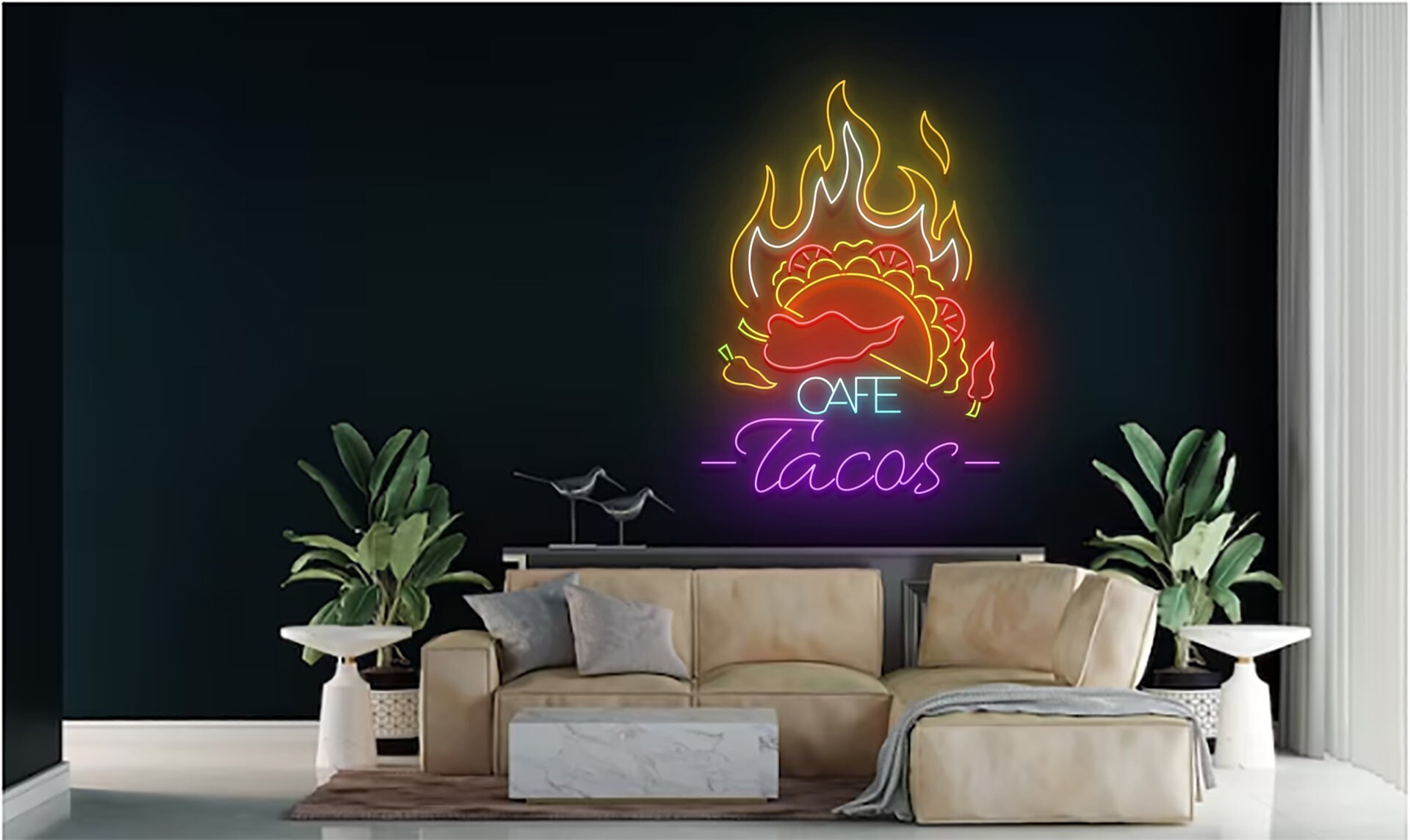Cafe Tacos Restaurant Neon Sign Mexican Food Art