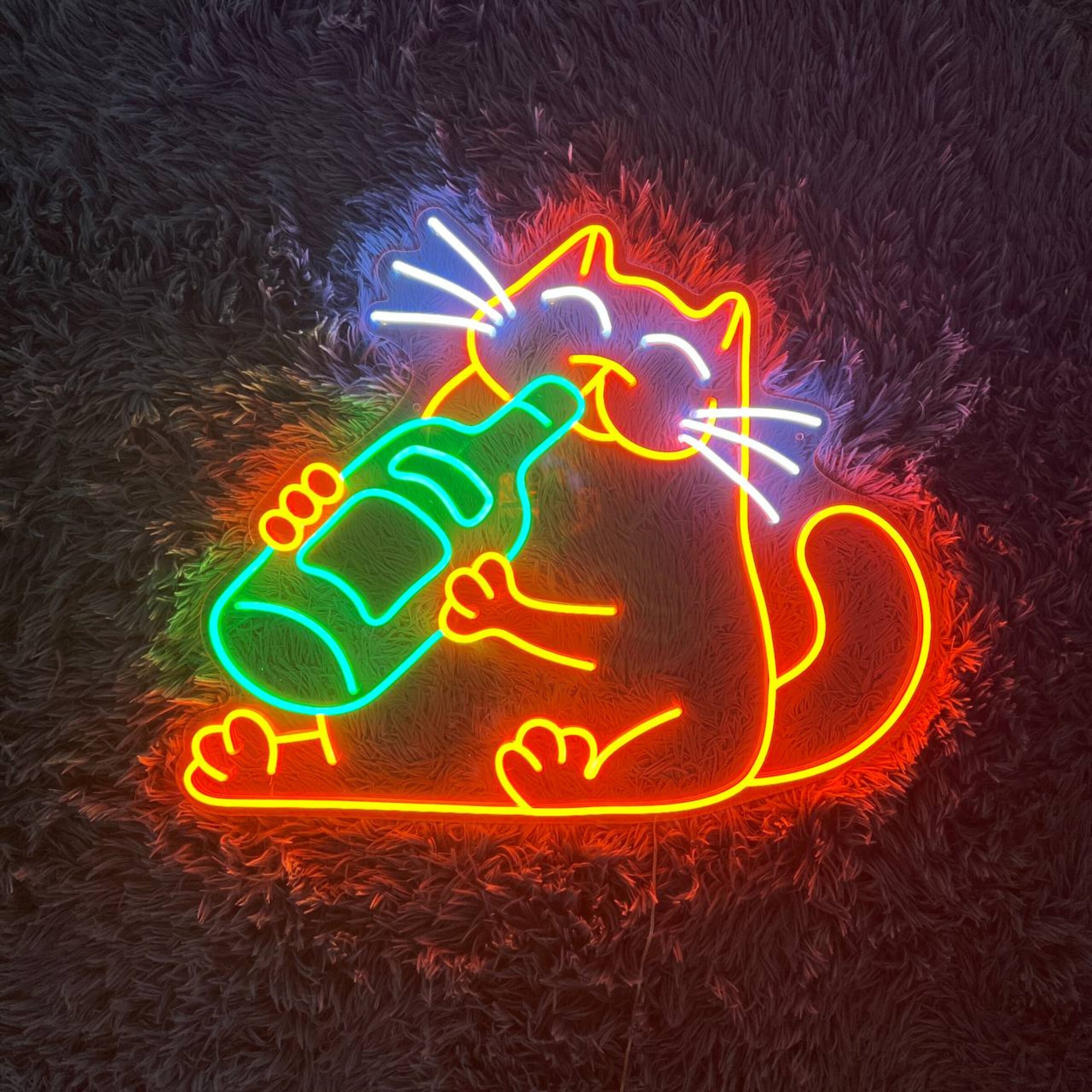 Drinking Beer Cat Line Art Neon Sign