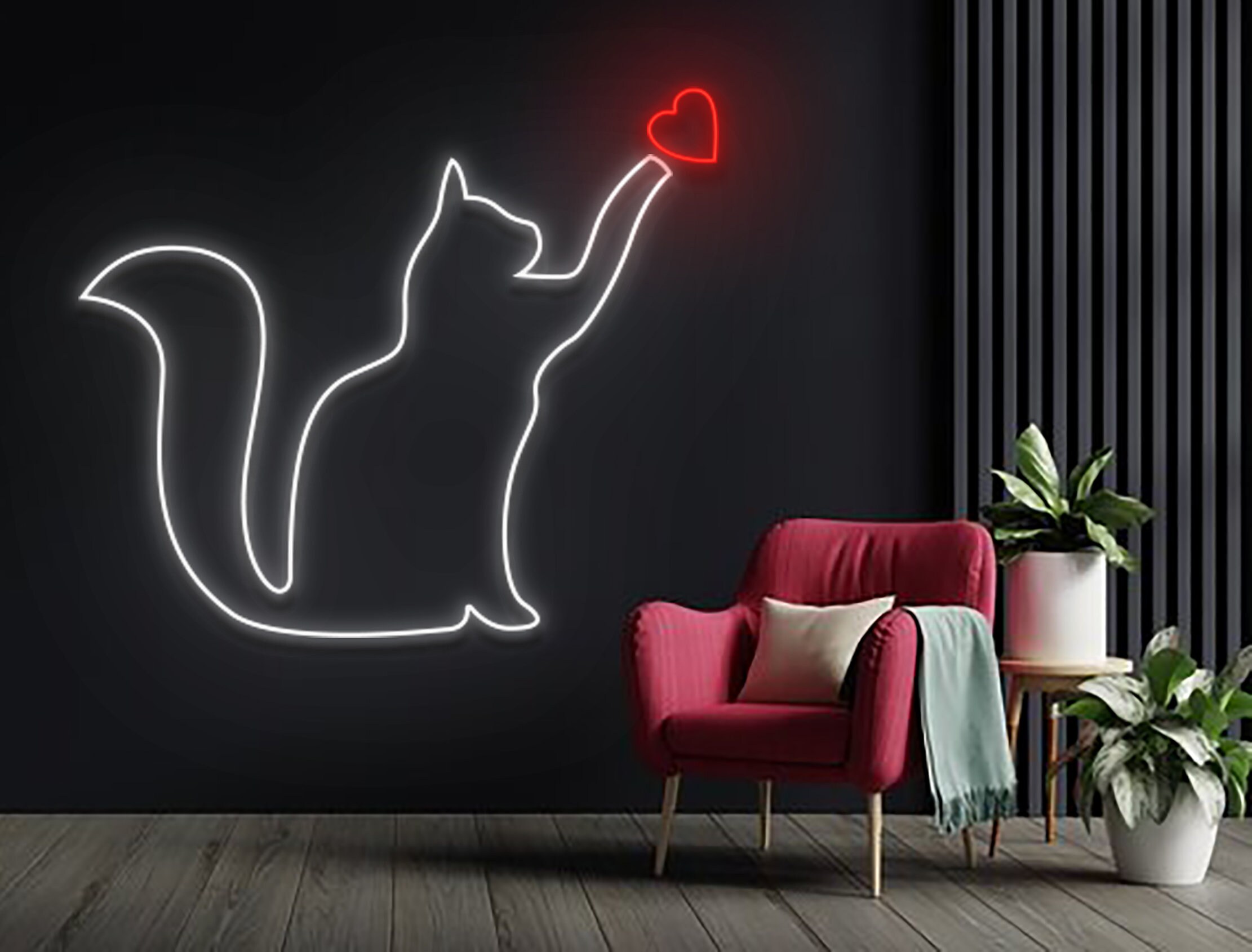 Cat With Heart Line Art Neon Sign Wall Art Decor