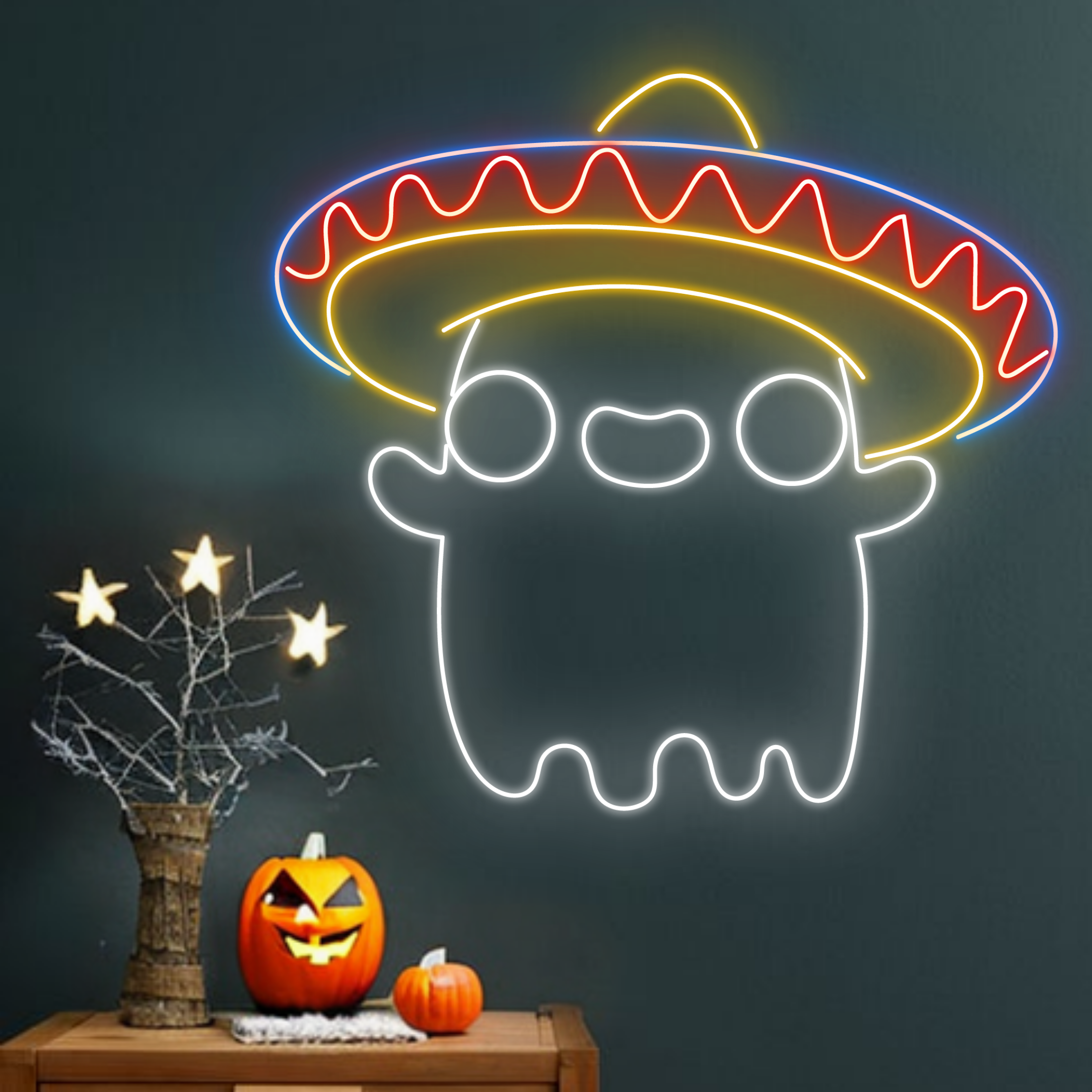 Mexican Hat Ghost Neon Signs Taco Restaurant Halloween Decor