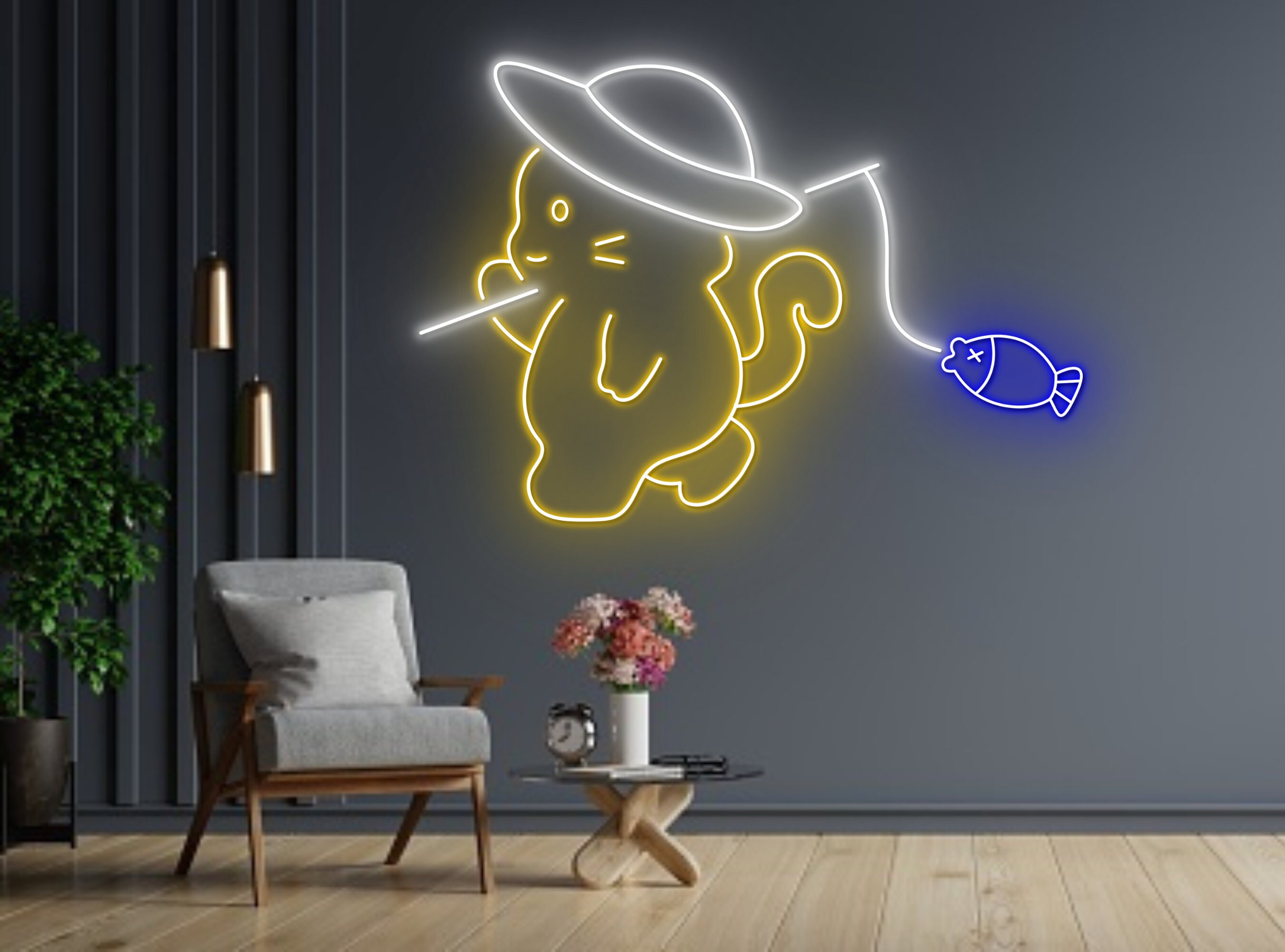 Cute Cat Fishing Line Art Neon Sign