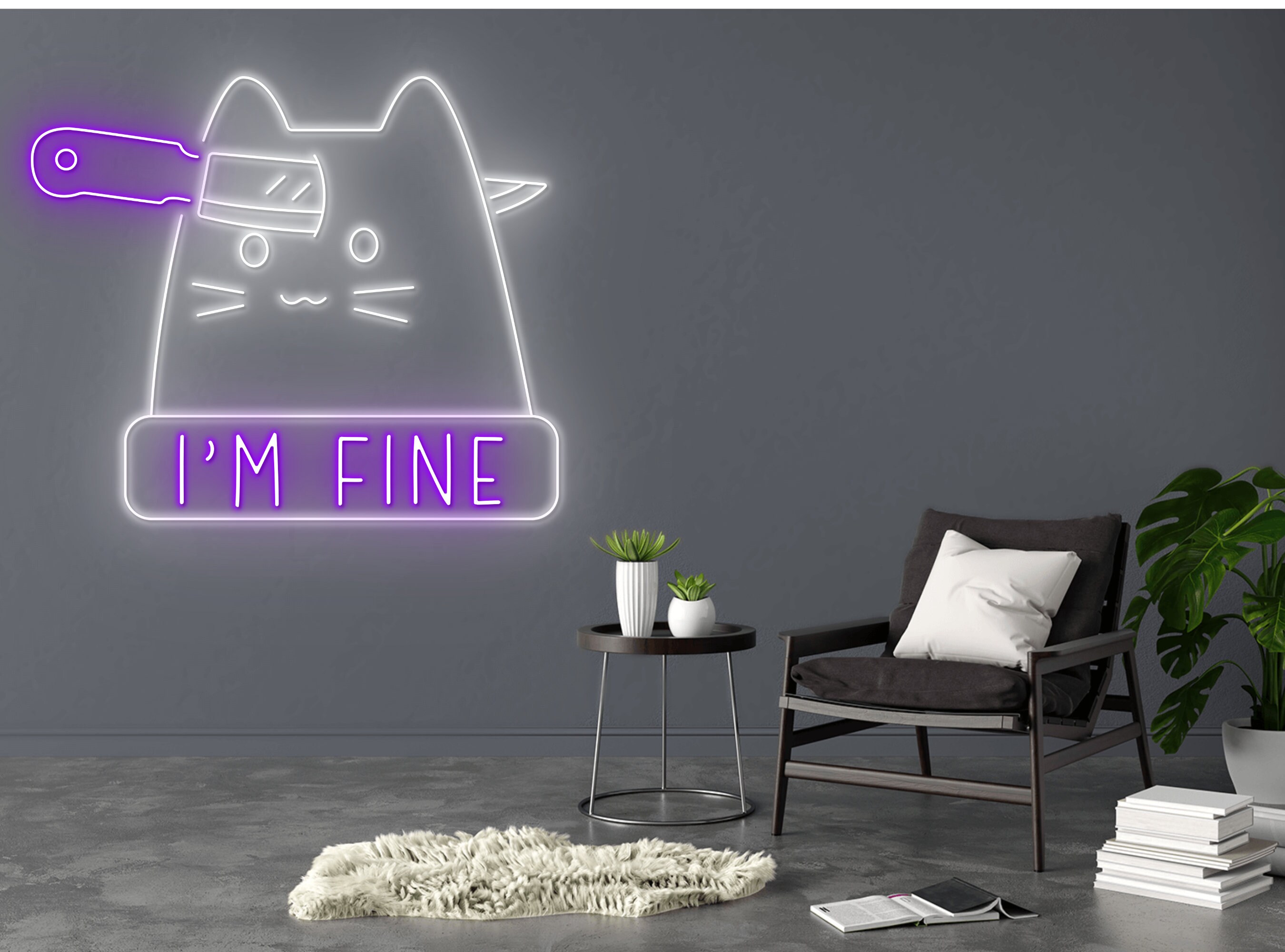 Knife In The Cat Head Line Art Neon Sign