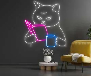 Cat Reading Book Neon Signs Decor Gift