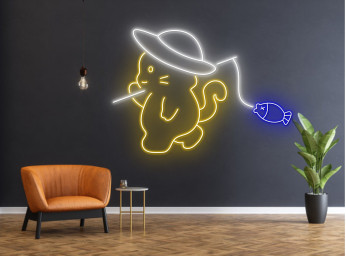 Cute Cat Fishing Line Art Neon Sign