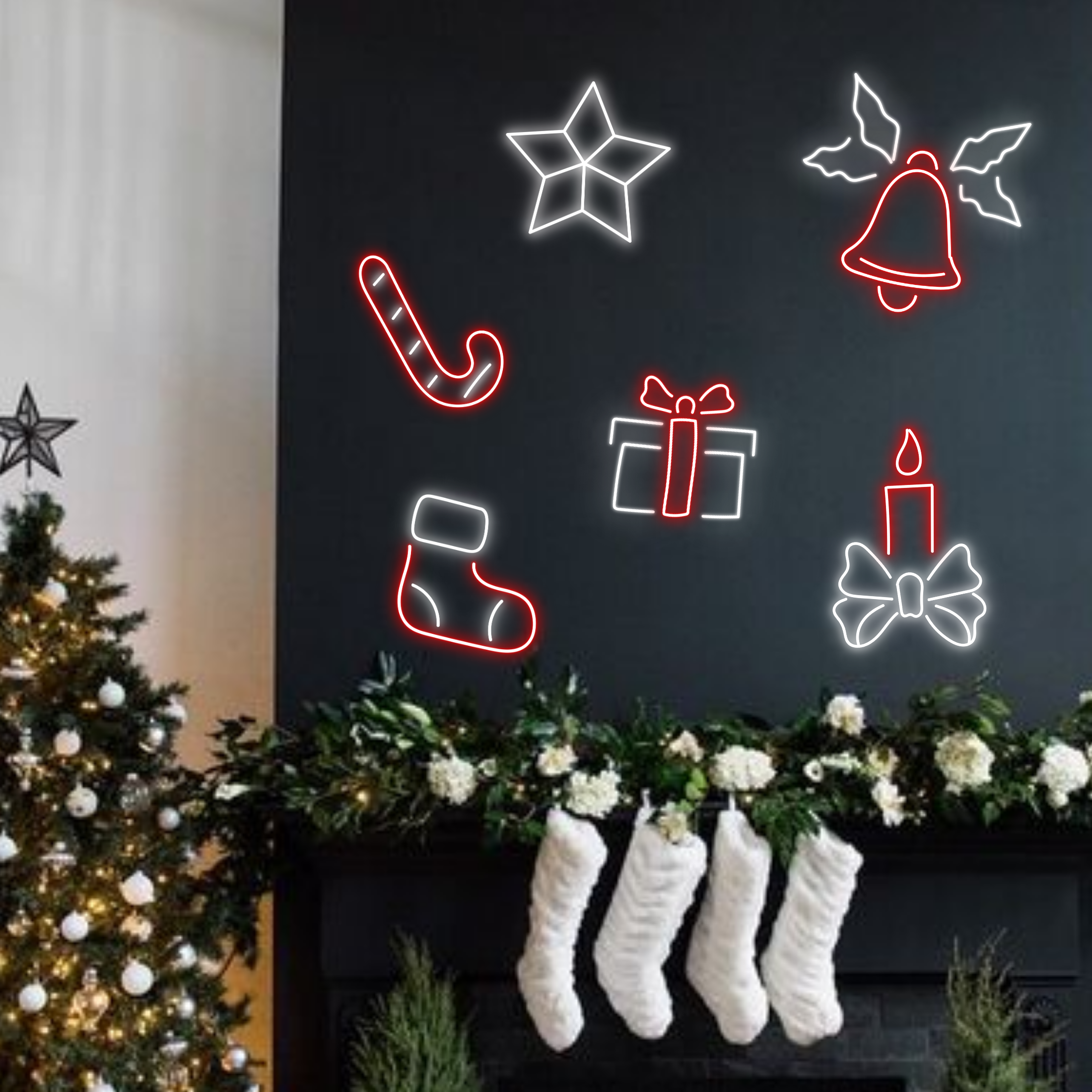 Christmas Star Neon Sign Christmas Set Decor Red White