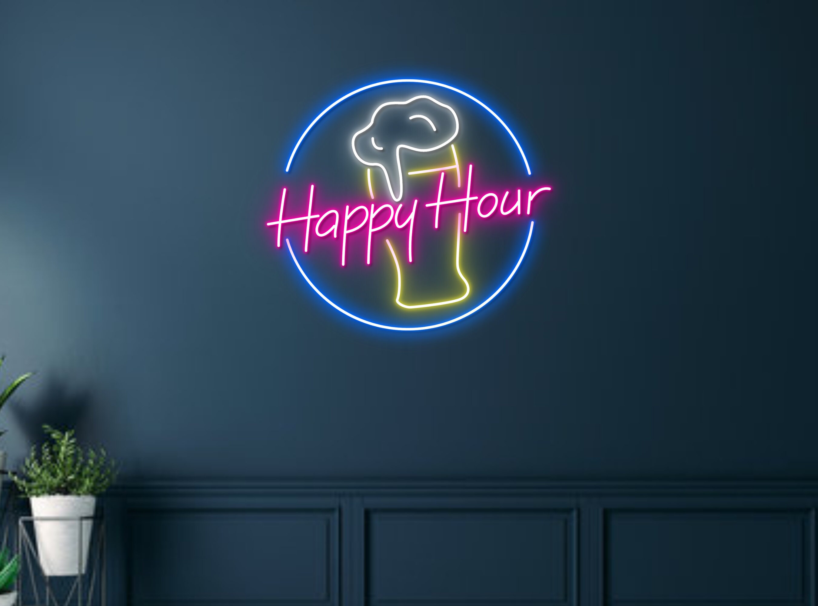 Happy Hour Beer Bottle Glass Foam Neon Signs