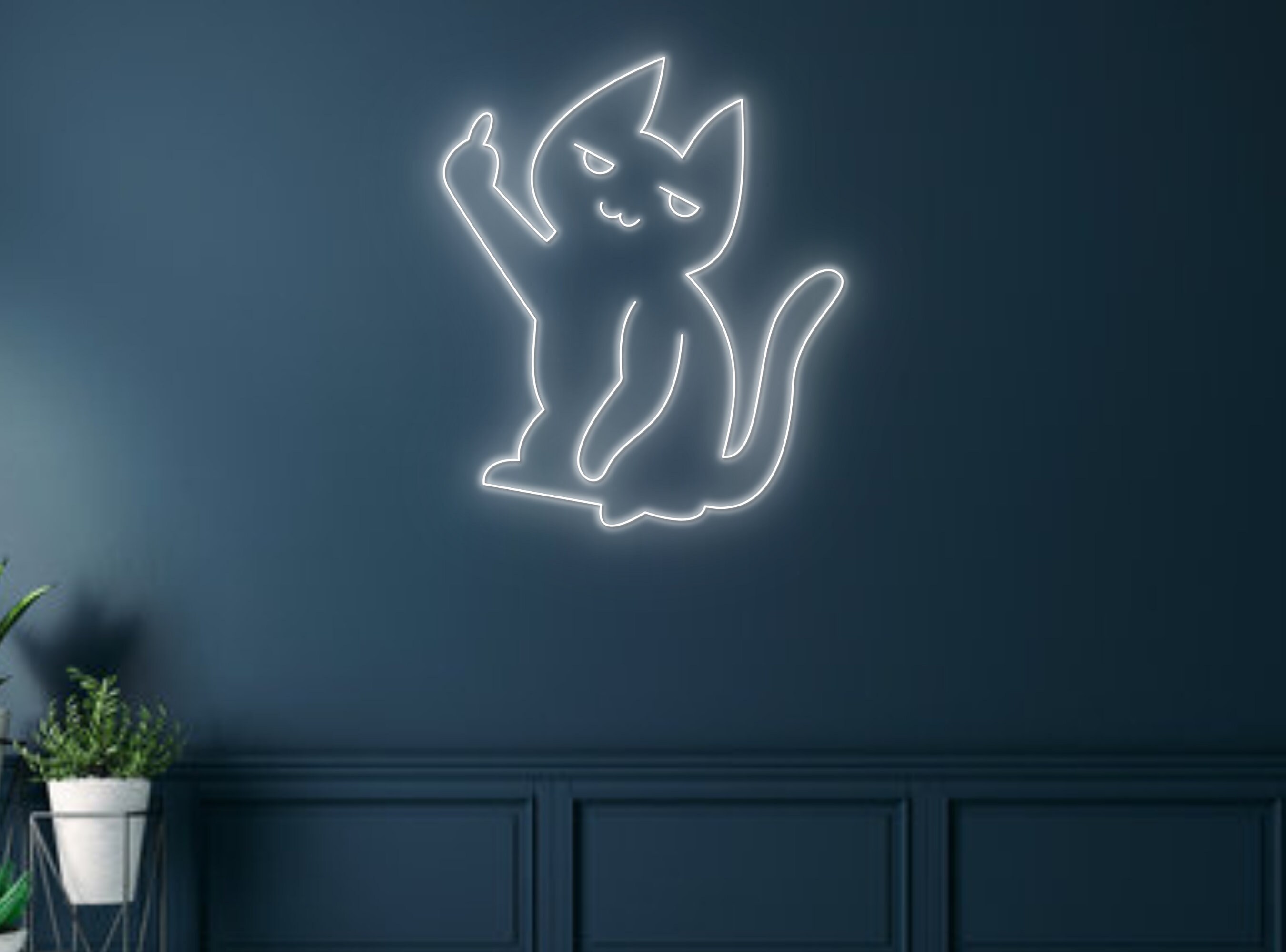 Humor Middle Finger Chibi Cat Line Art Neon Sign