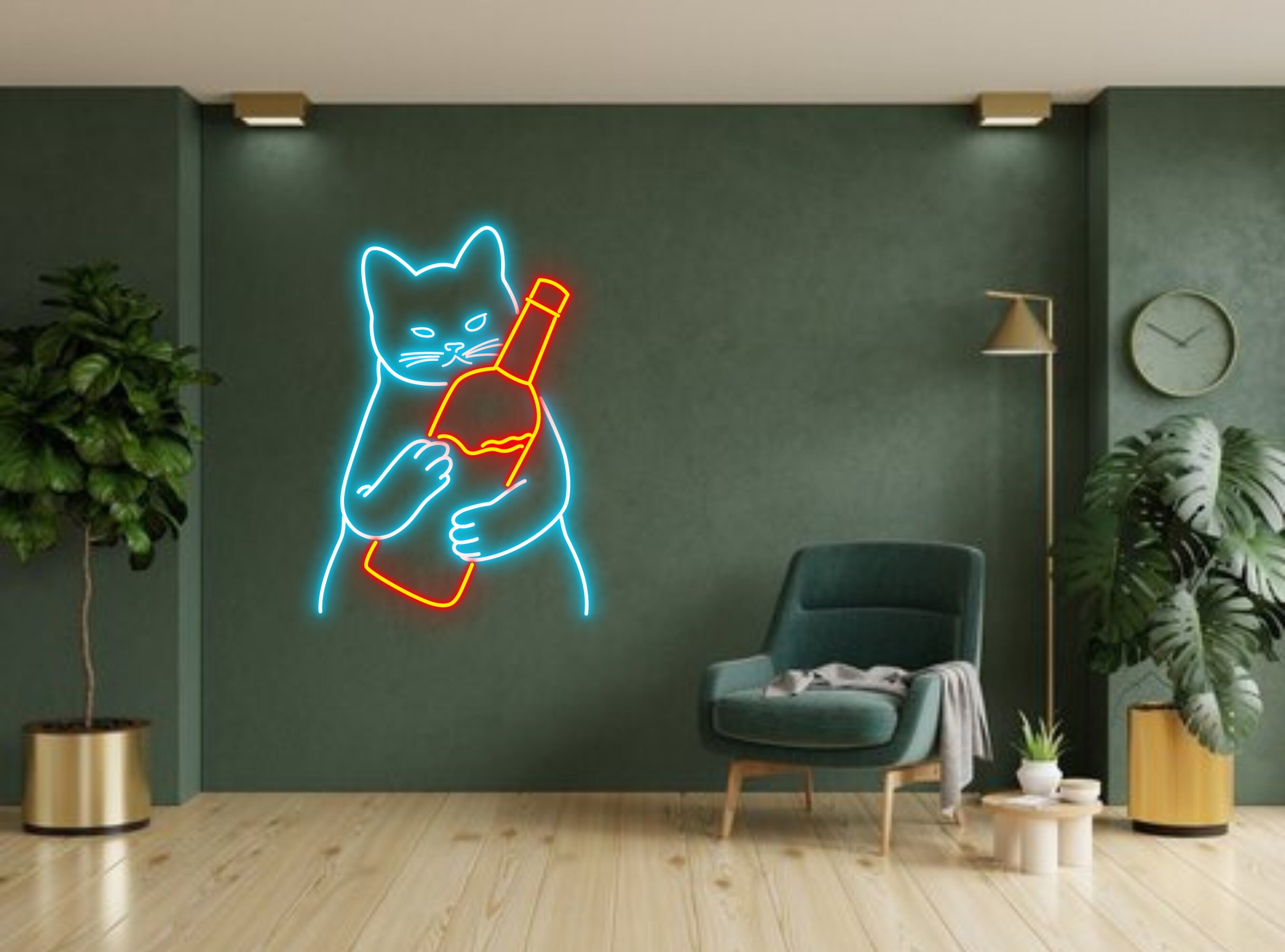Cat Hug Wine Bottle Line Art Neon Sign