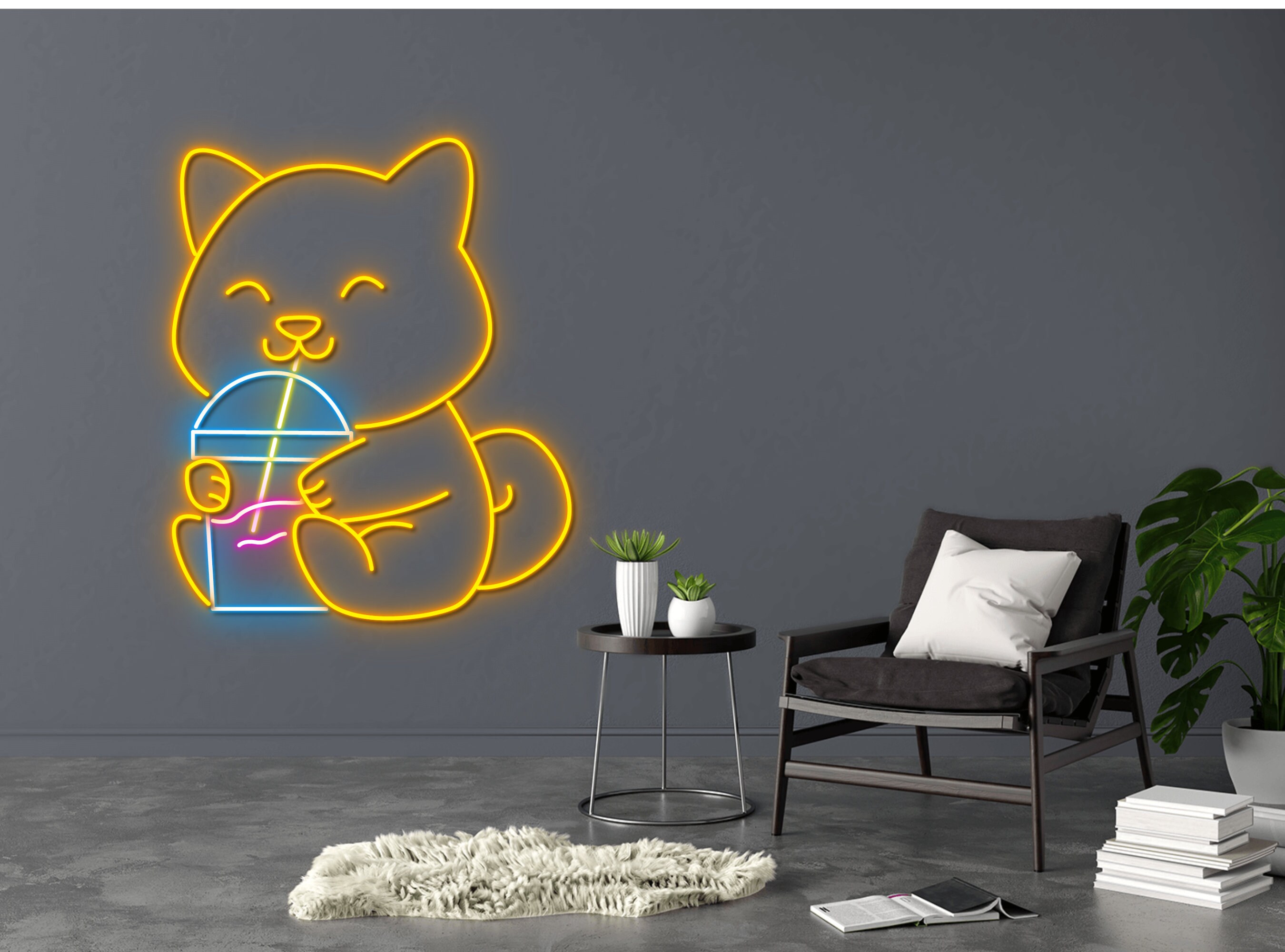 Chibi Dog Drink Bubble Tea Neon Sign
