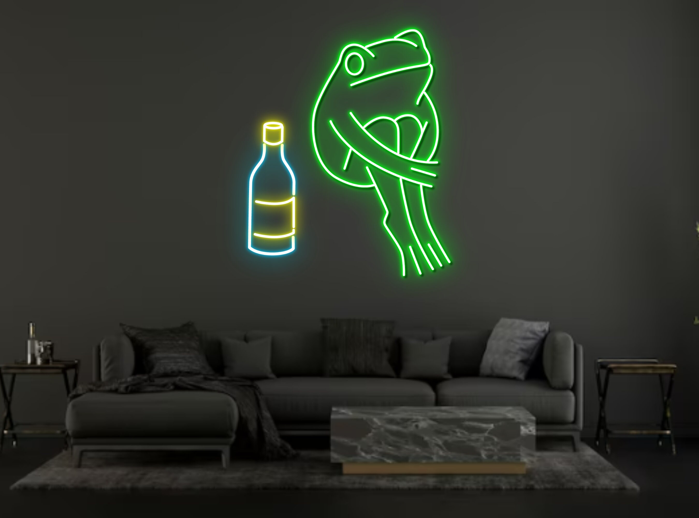 Chibi Frog Sit Next To Wine Bottle Neon Sign