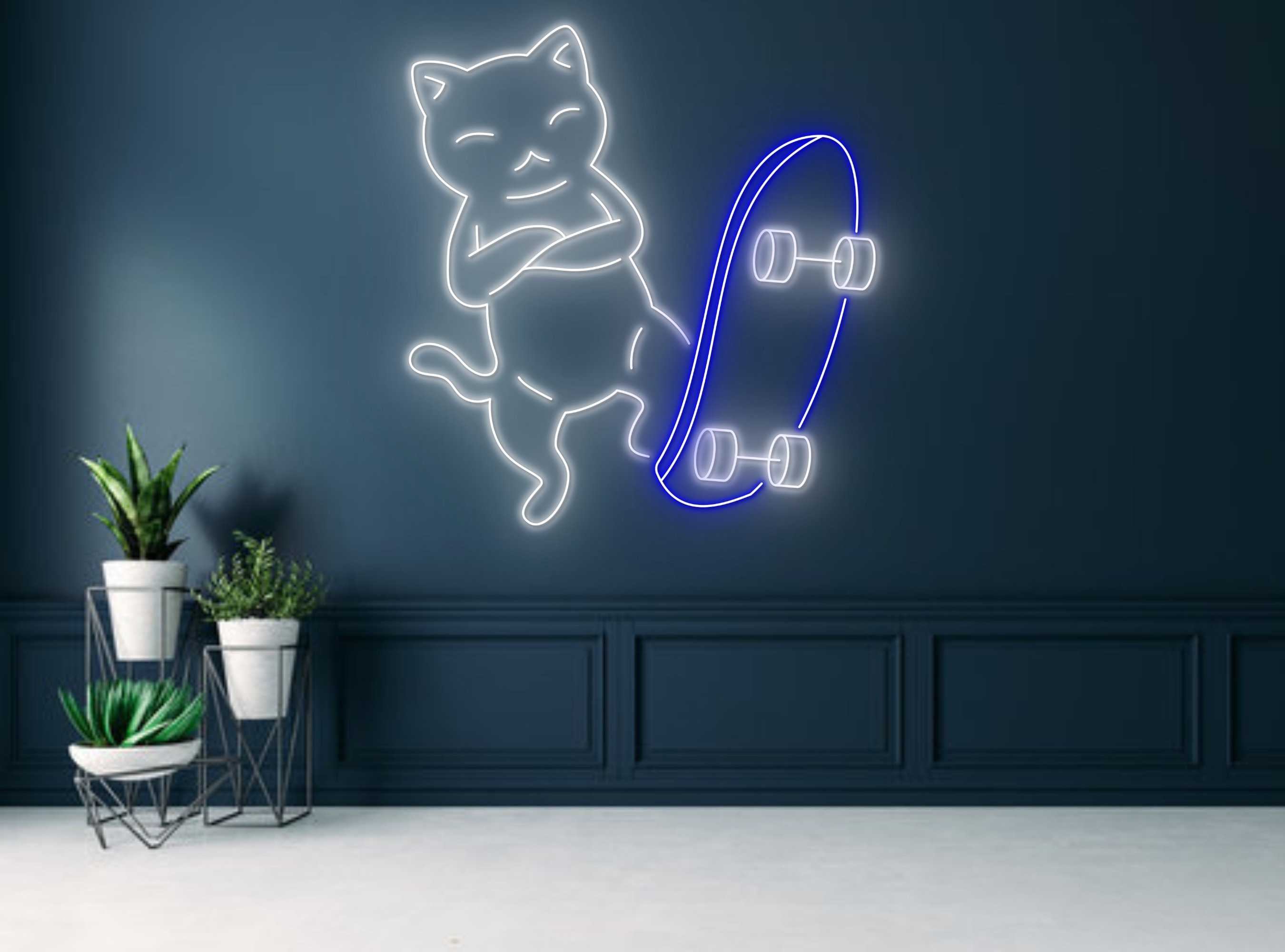 Skateboarding Chibi Cat Line Art Neon Sign