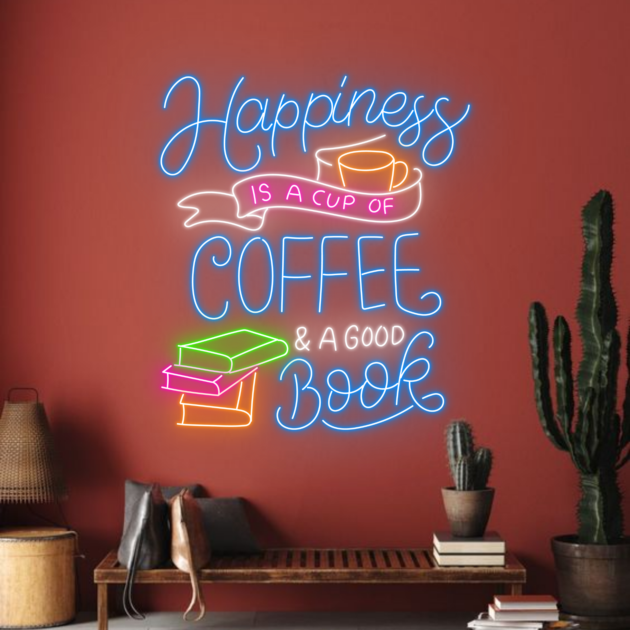 Happiness is Coffee And Book Neon Sign
