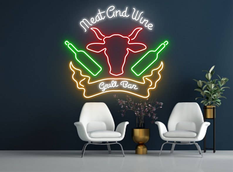 Meat Wine Restaurant Neon Sign Grill Bar BBQ Decor