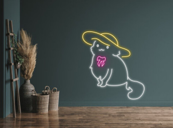 Chibi Cat With Hat And Bow Line Art Neon Sign