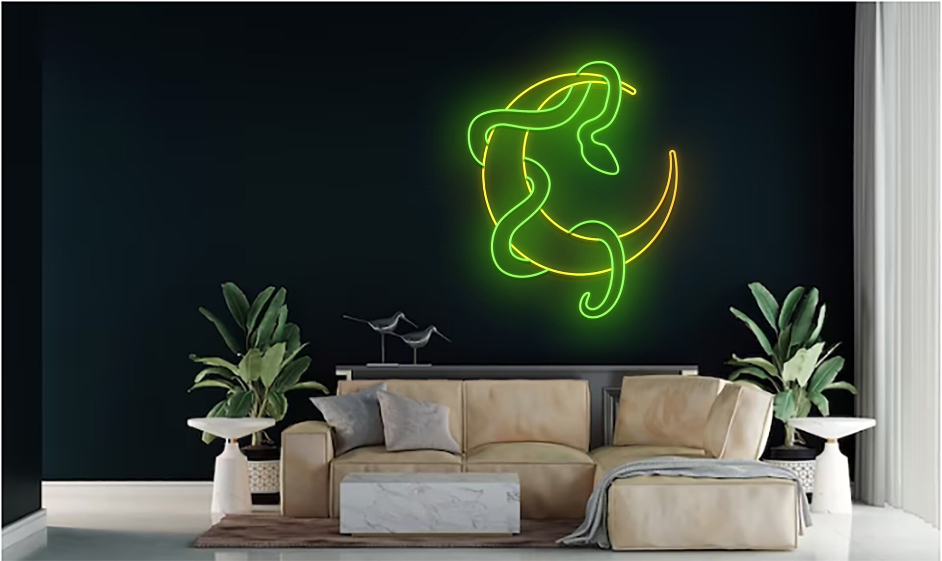 Snake With Moon Line Art Neon Sign
