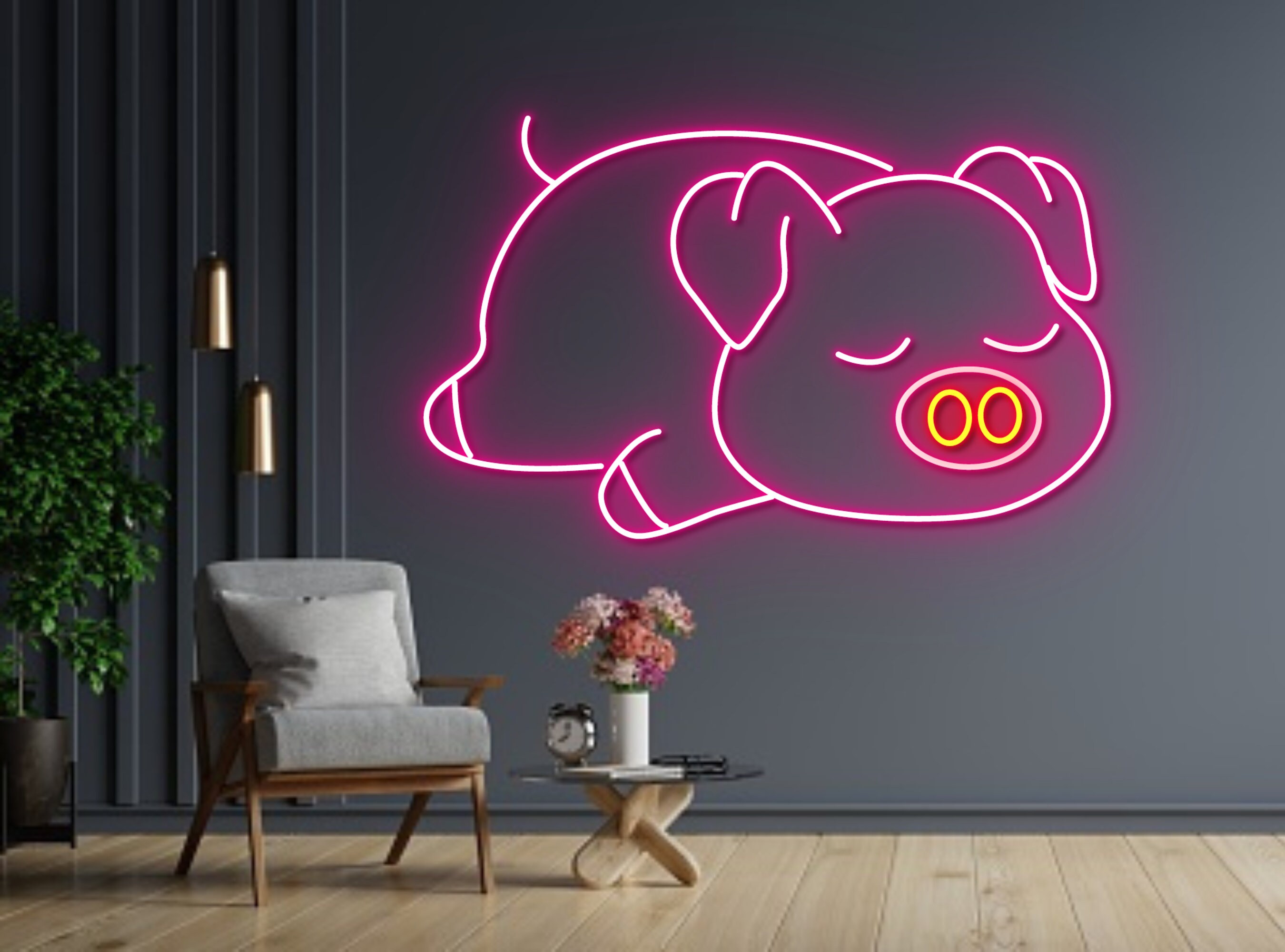 Lazy Pig Lying Line Art Neon Signs Wall Decor