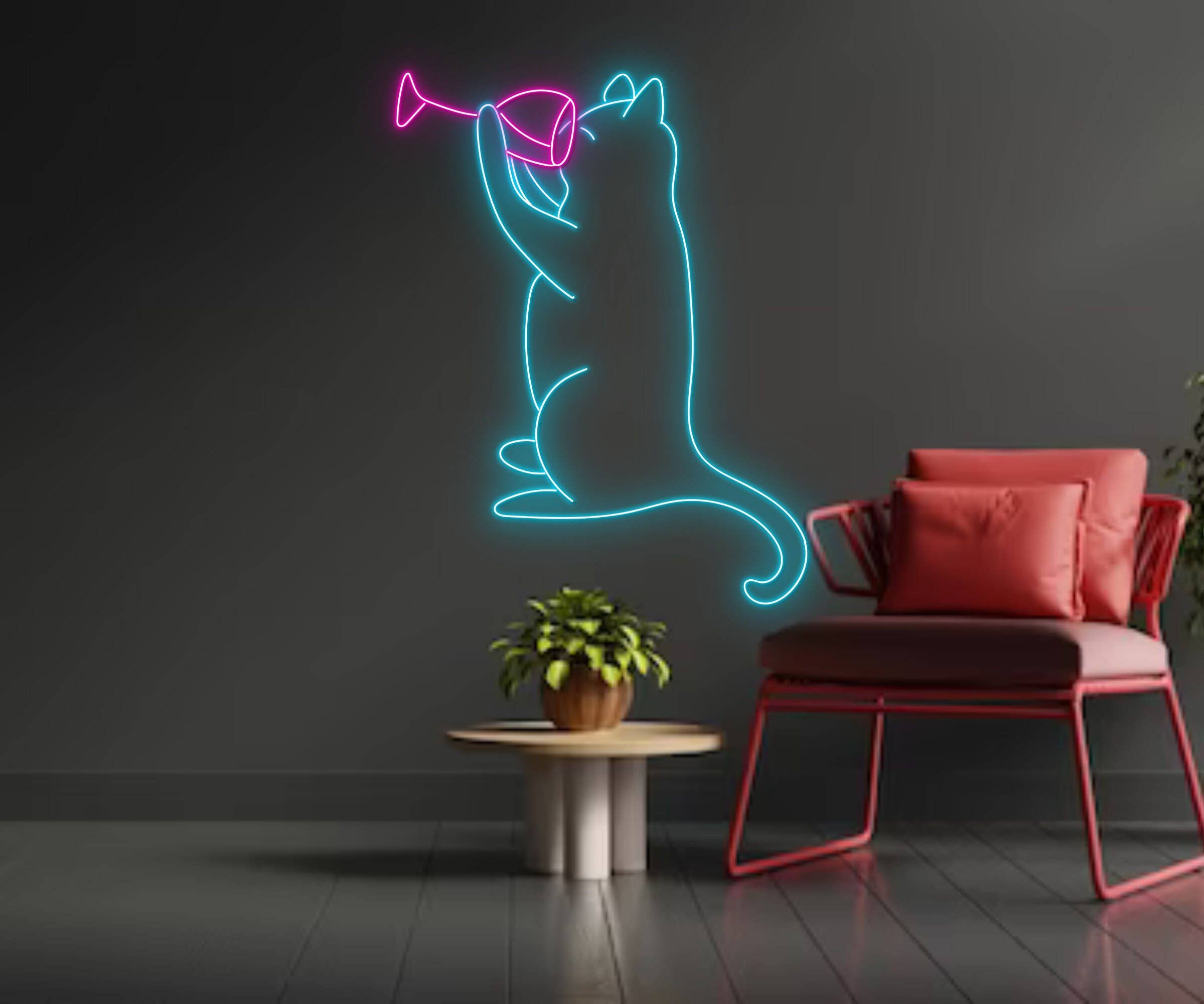 Drinking Champagne Cat Line Art Neon Sign