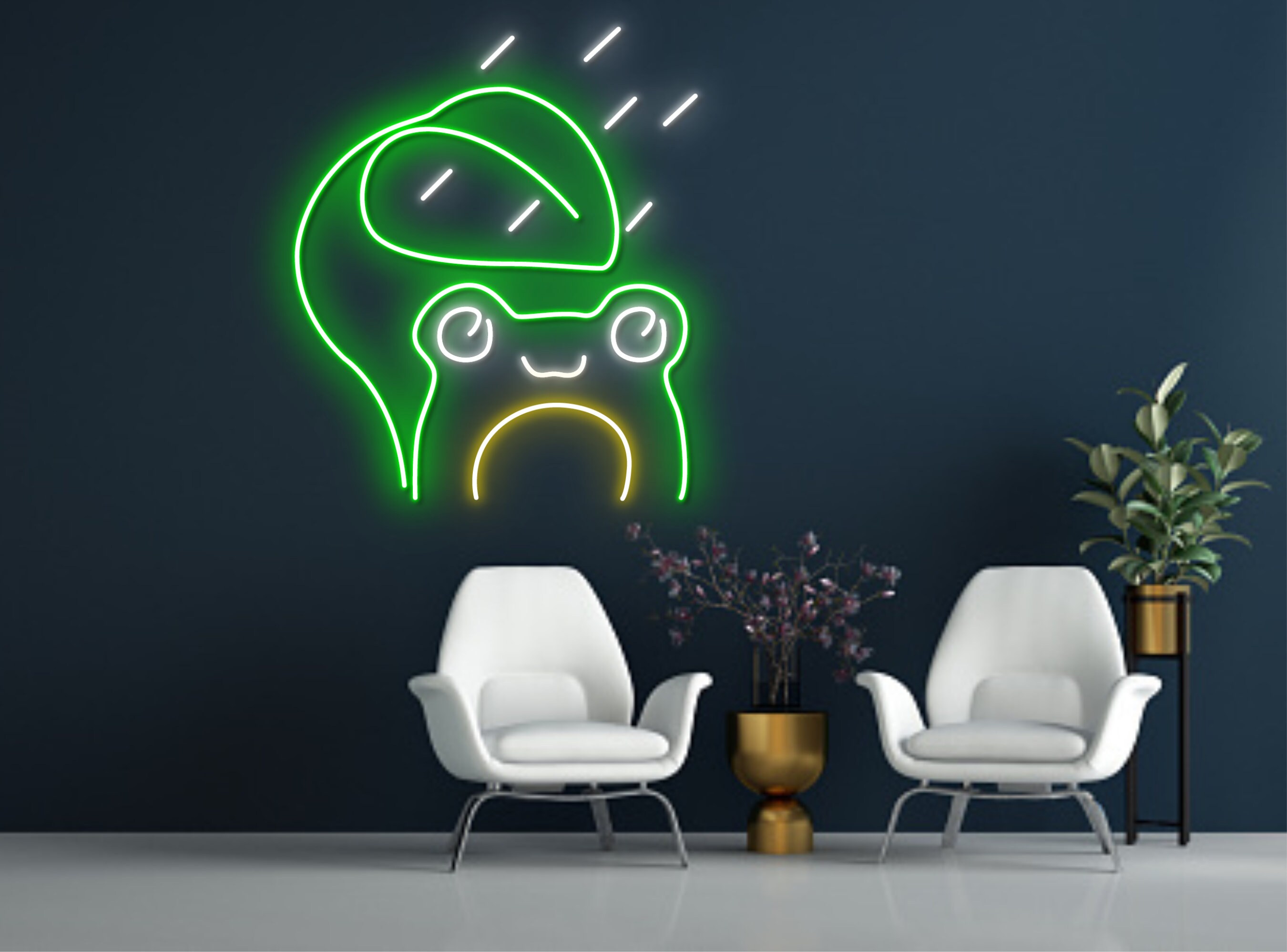 Raining Chibi Frog Under Green Leaf Neon Sign