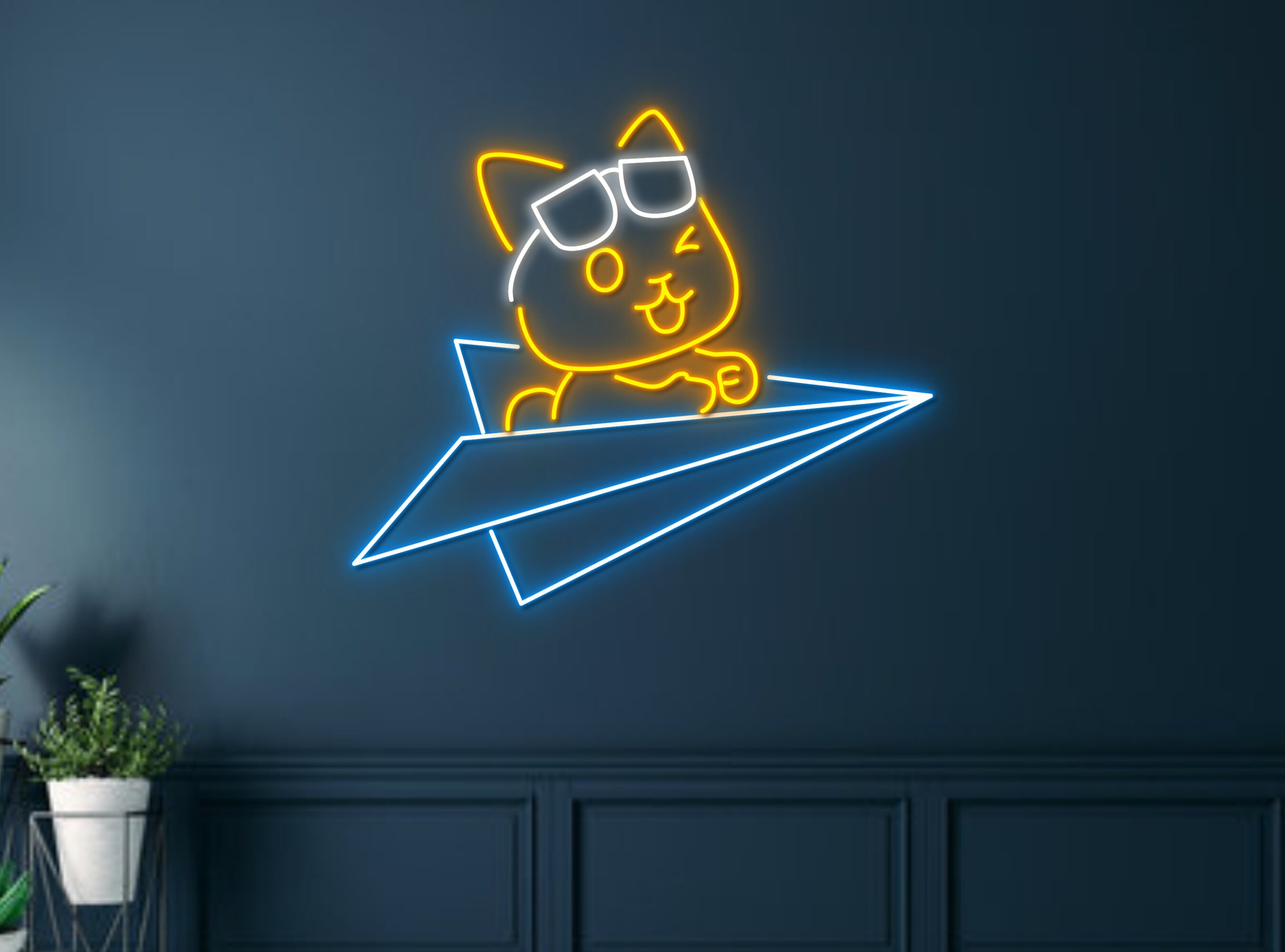 Chibi Dog Sitting On Paper Plane Neon Sign