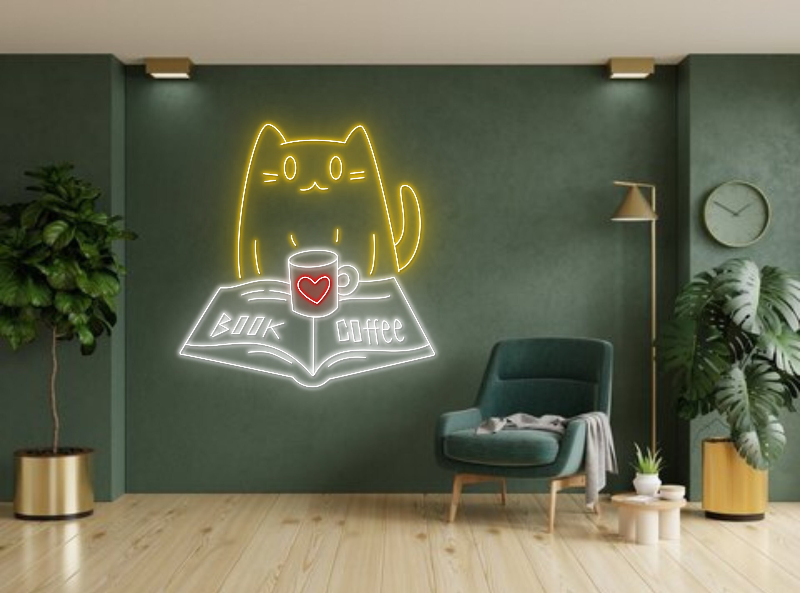 Chibi Cat Reading Book Coffee Neon Sign