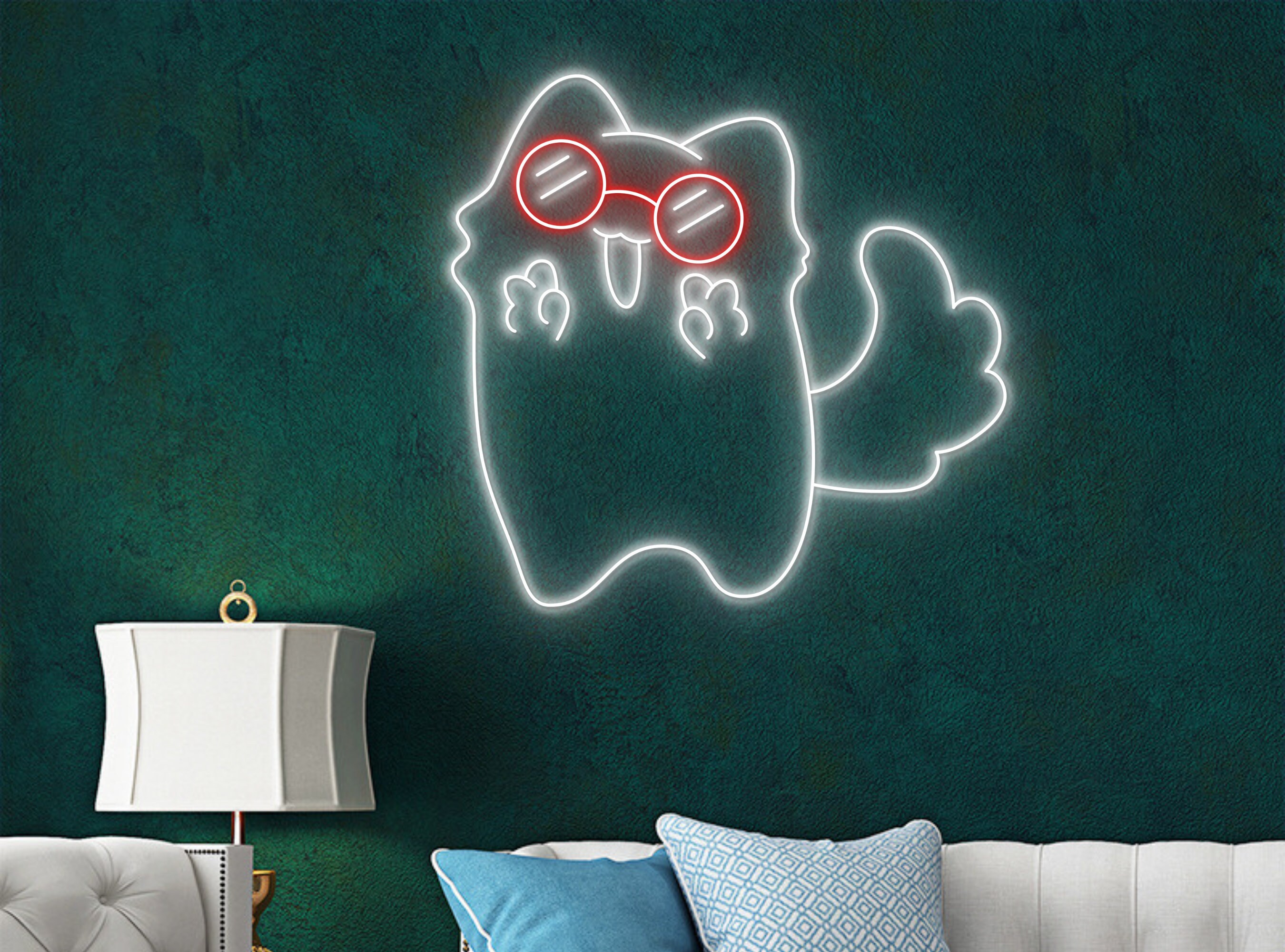 Happy Chibi Cute Cat Line Art Neon Sign