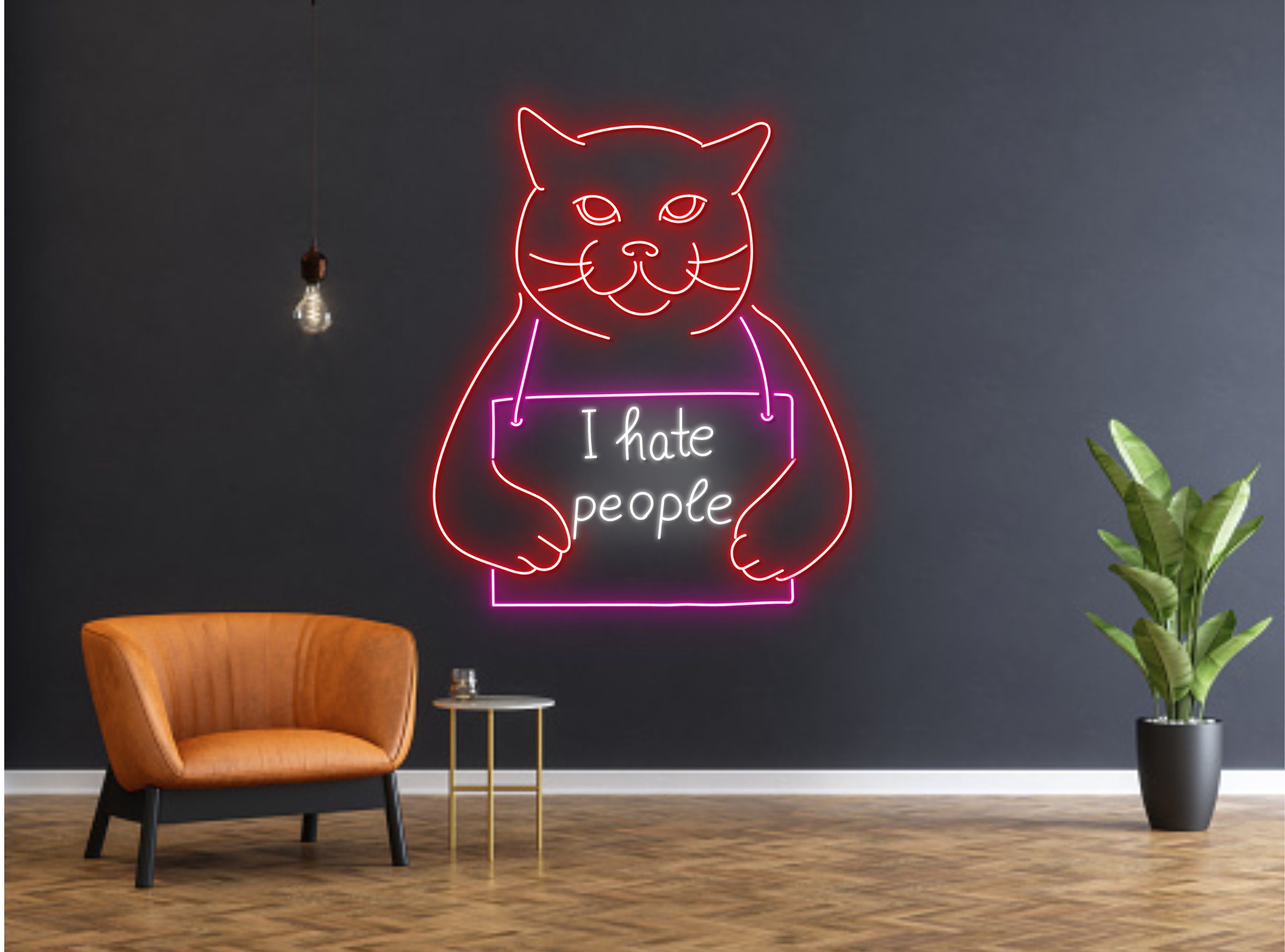 I Hate People Prison Cat Portrait Jailed Cat Neon Sign