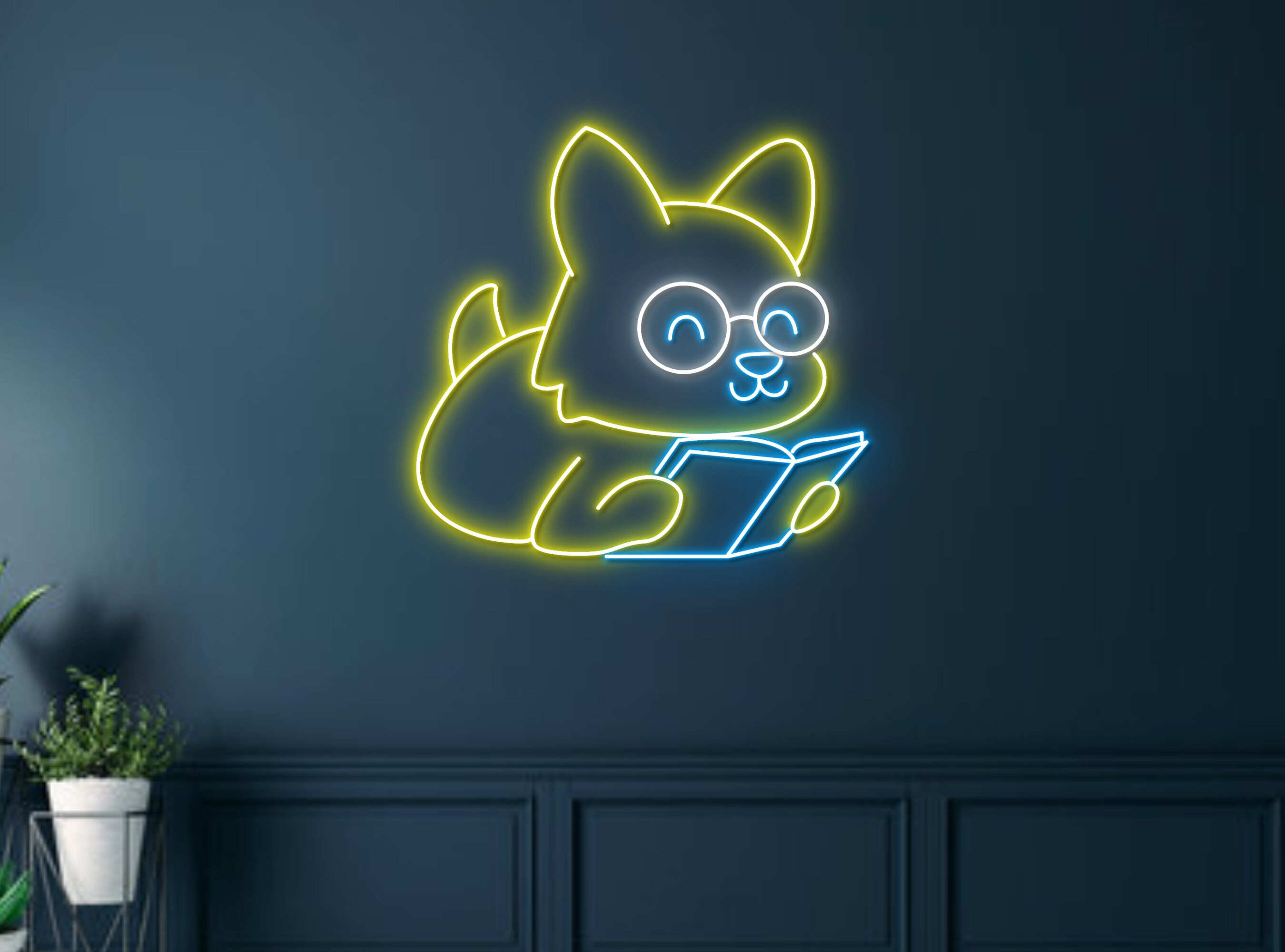 Chibi Dog Reading Book Neon Sign