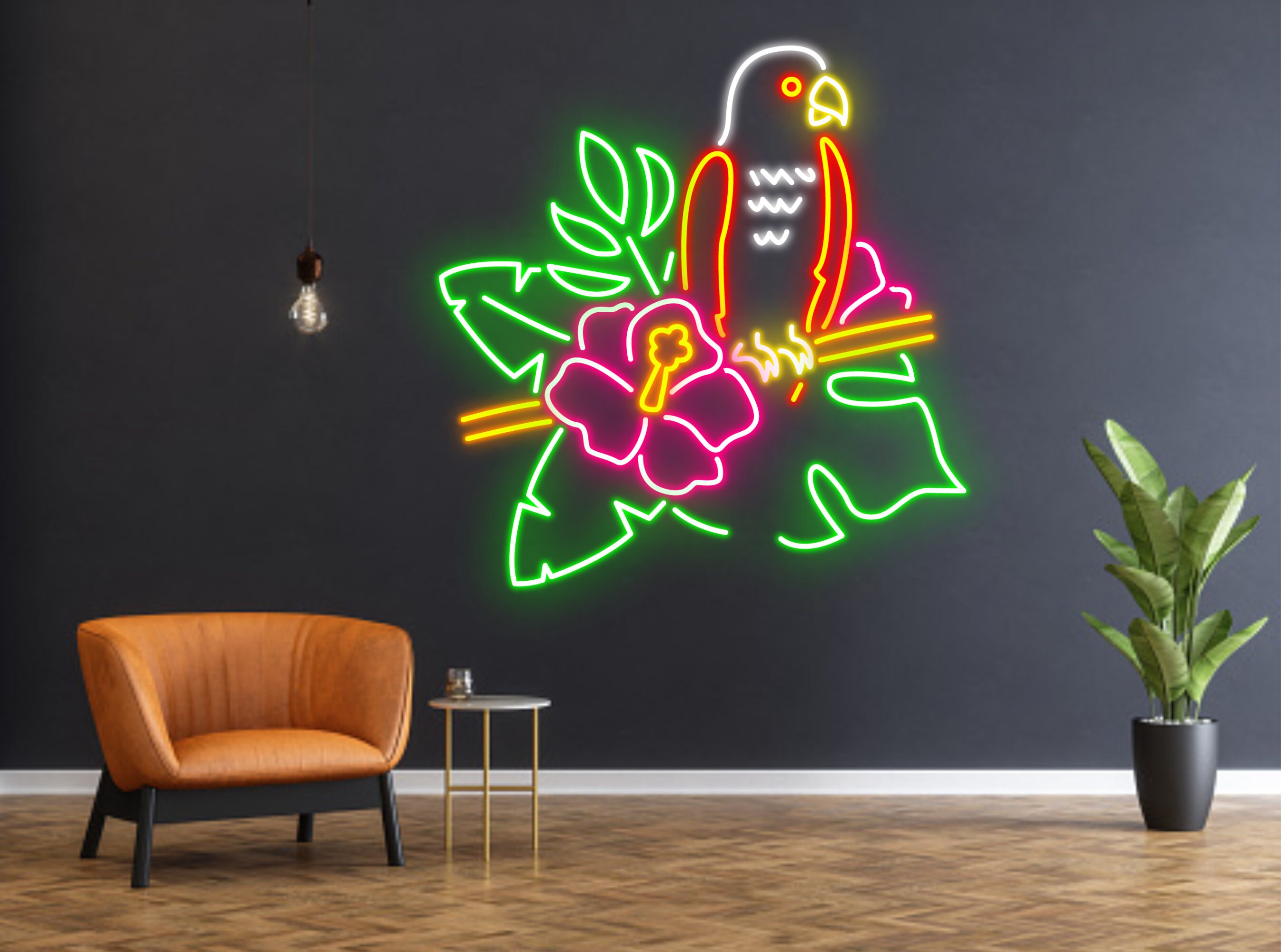 Parrot And Tropical Flowers Neon Sign