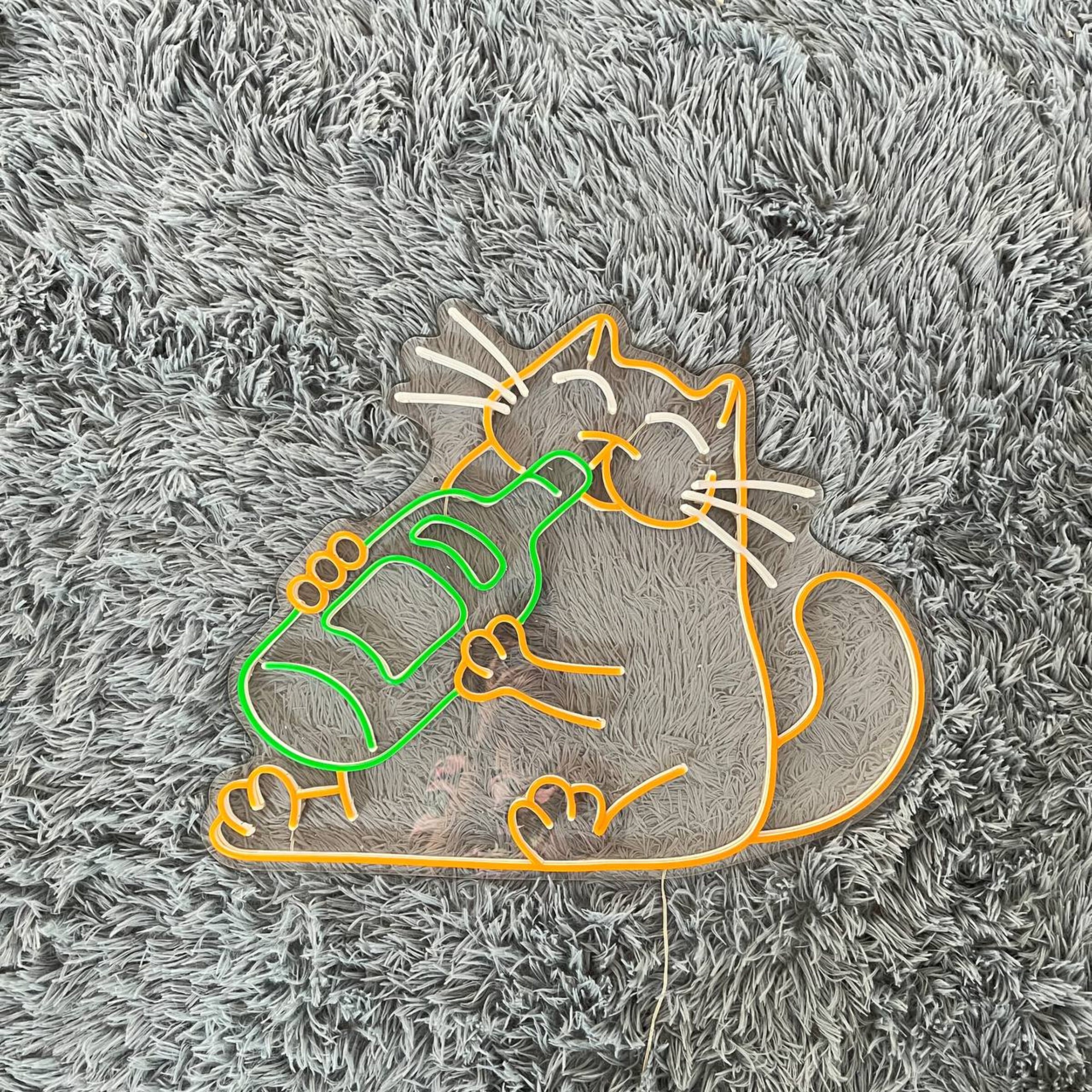 Drinking Beer Cat Line Art Neon Sign