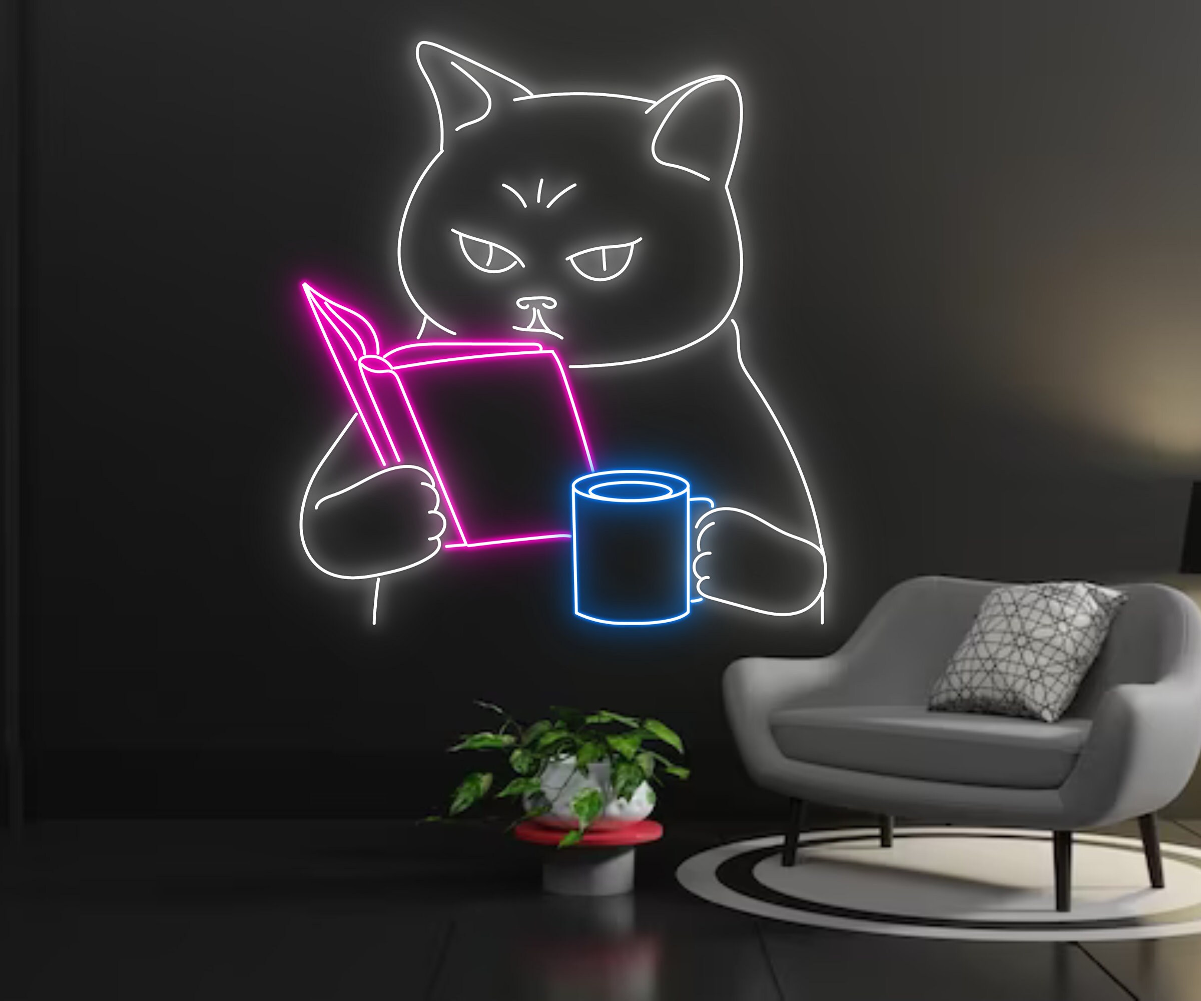 Cat Reading Book Neon Signs Decor Gift