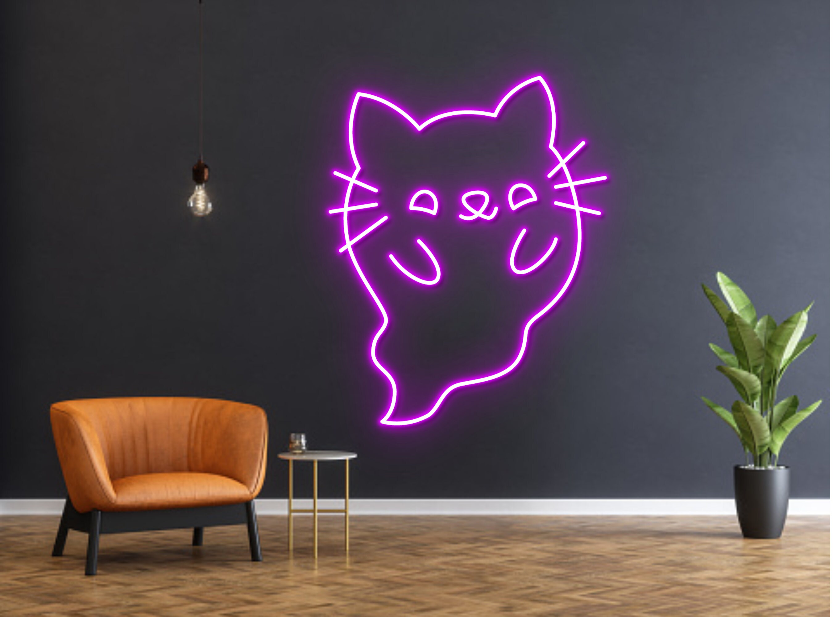 Cute Ghost Cat Line Art Neon Sign