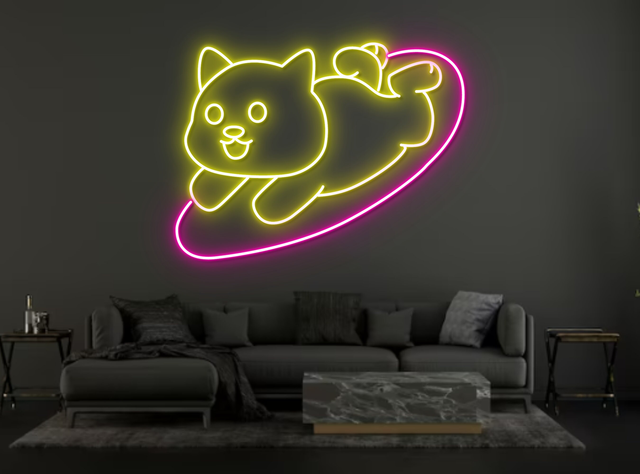 Chibi Dog Surfing Neon Sign