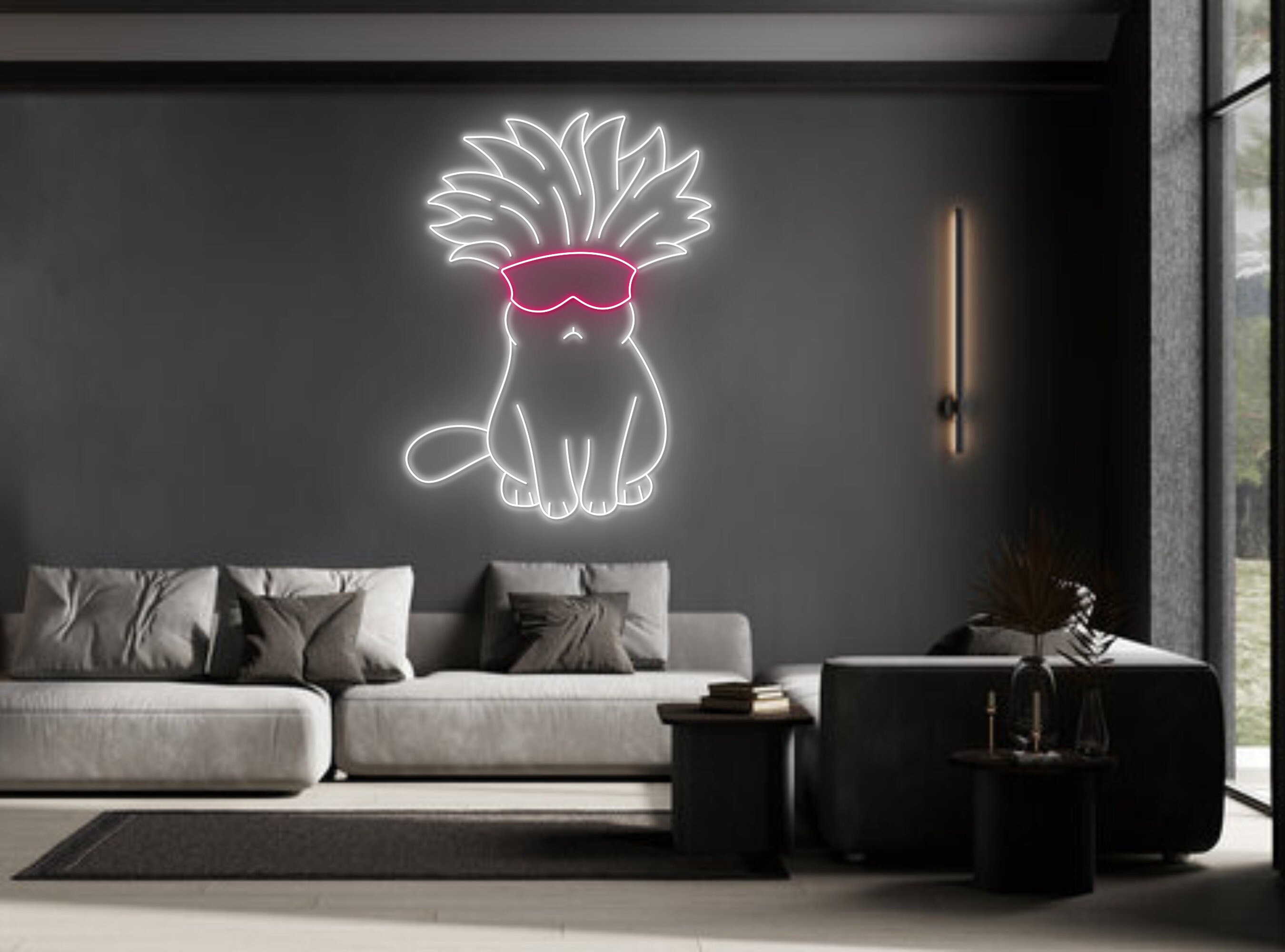 Chibi Cat With Feather Headdress Line Art Neon Sign