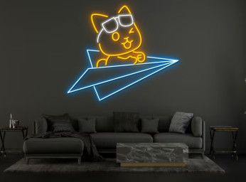 Chibi Dog Sitting On Paper Plane Neon Sign