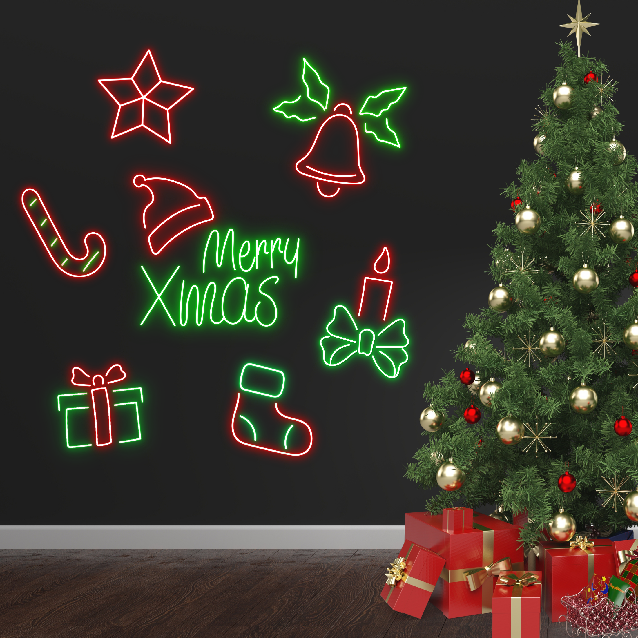 Christmas Candy Cane Neon Sign Noel Decor Set Green Red