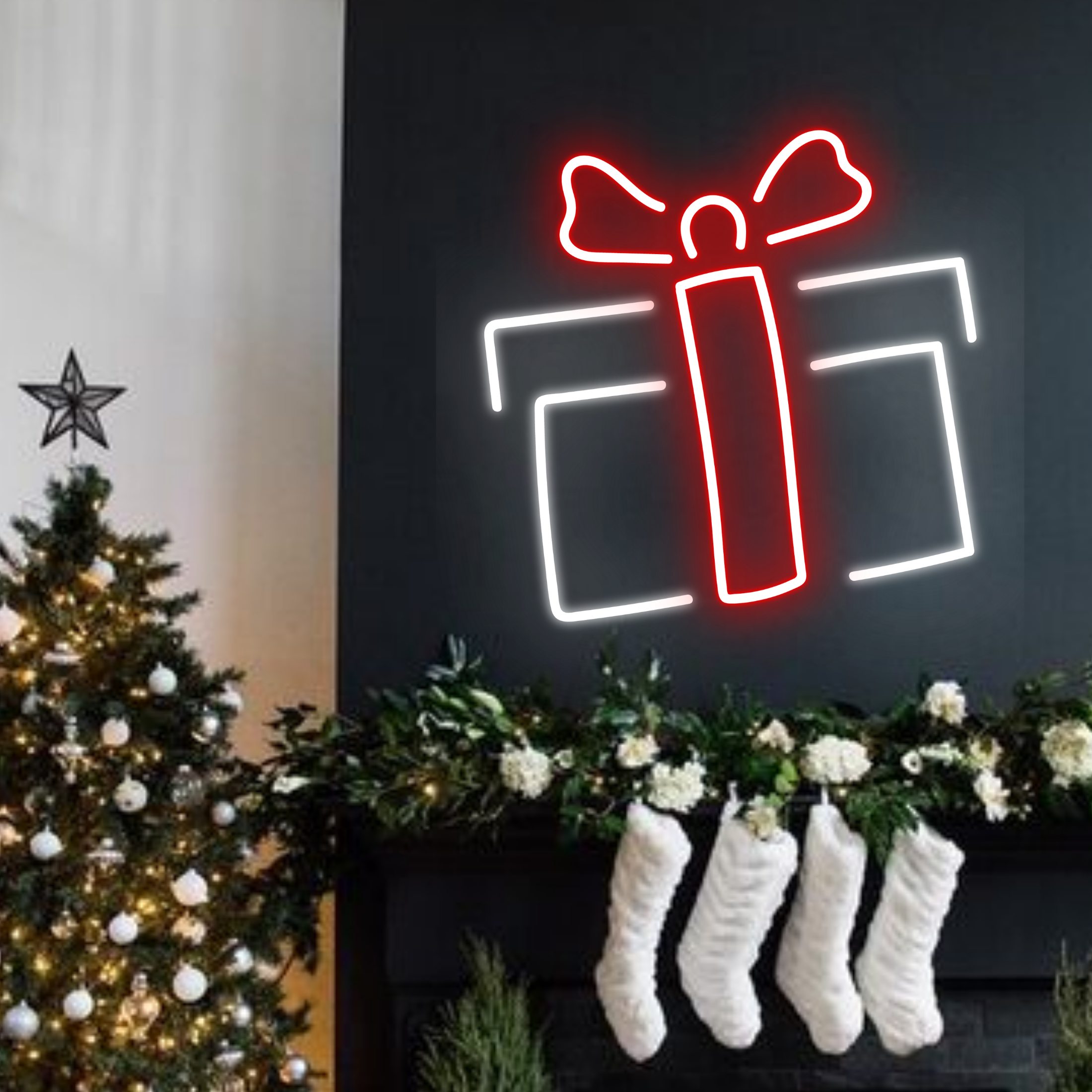 Christmas Gift Box Neon Sign Christmas Set Decor Red White