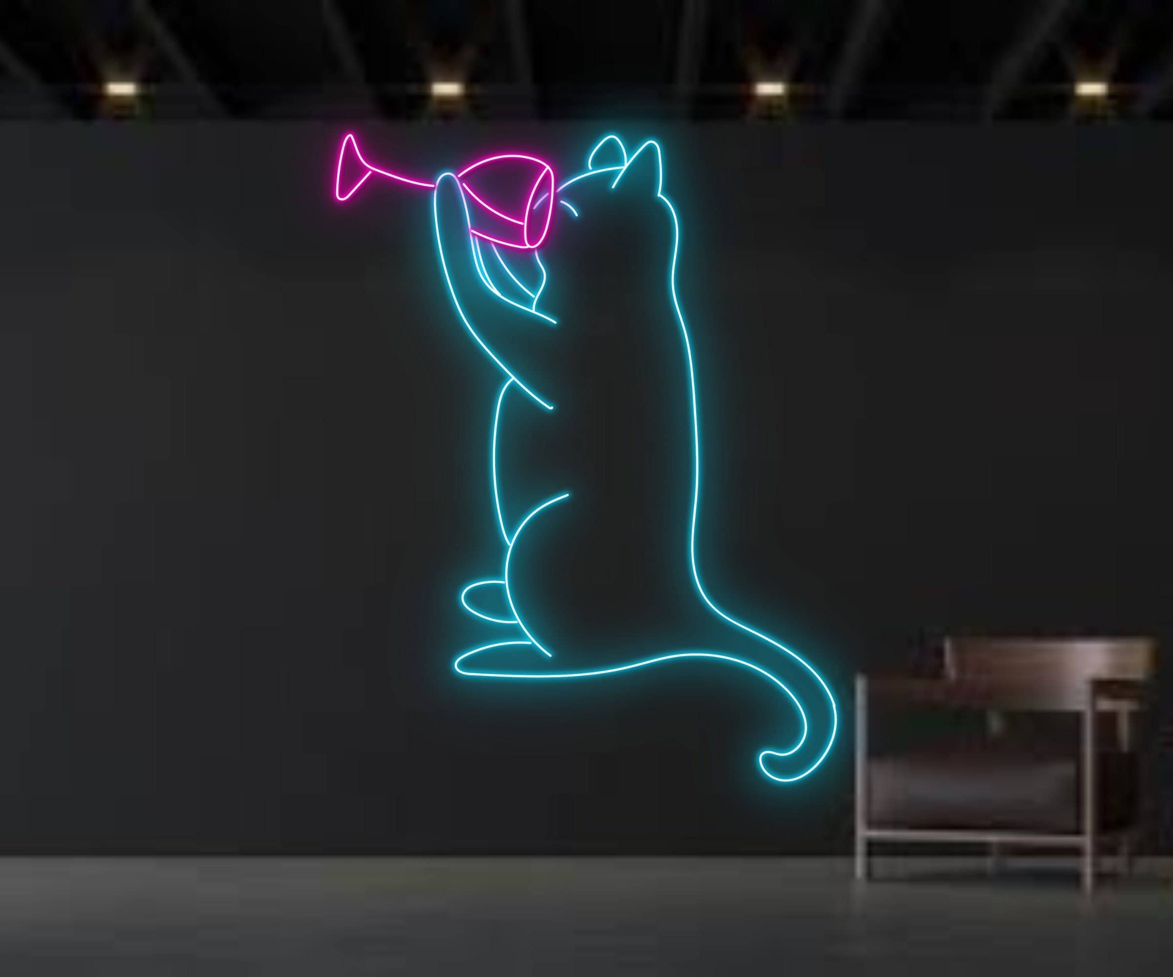 Drinking Champagne Cat Line Art Neon Sign