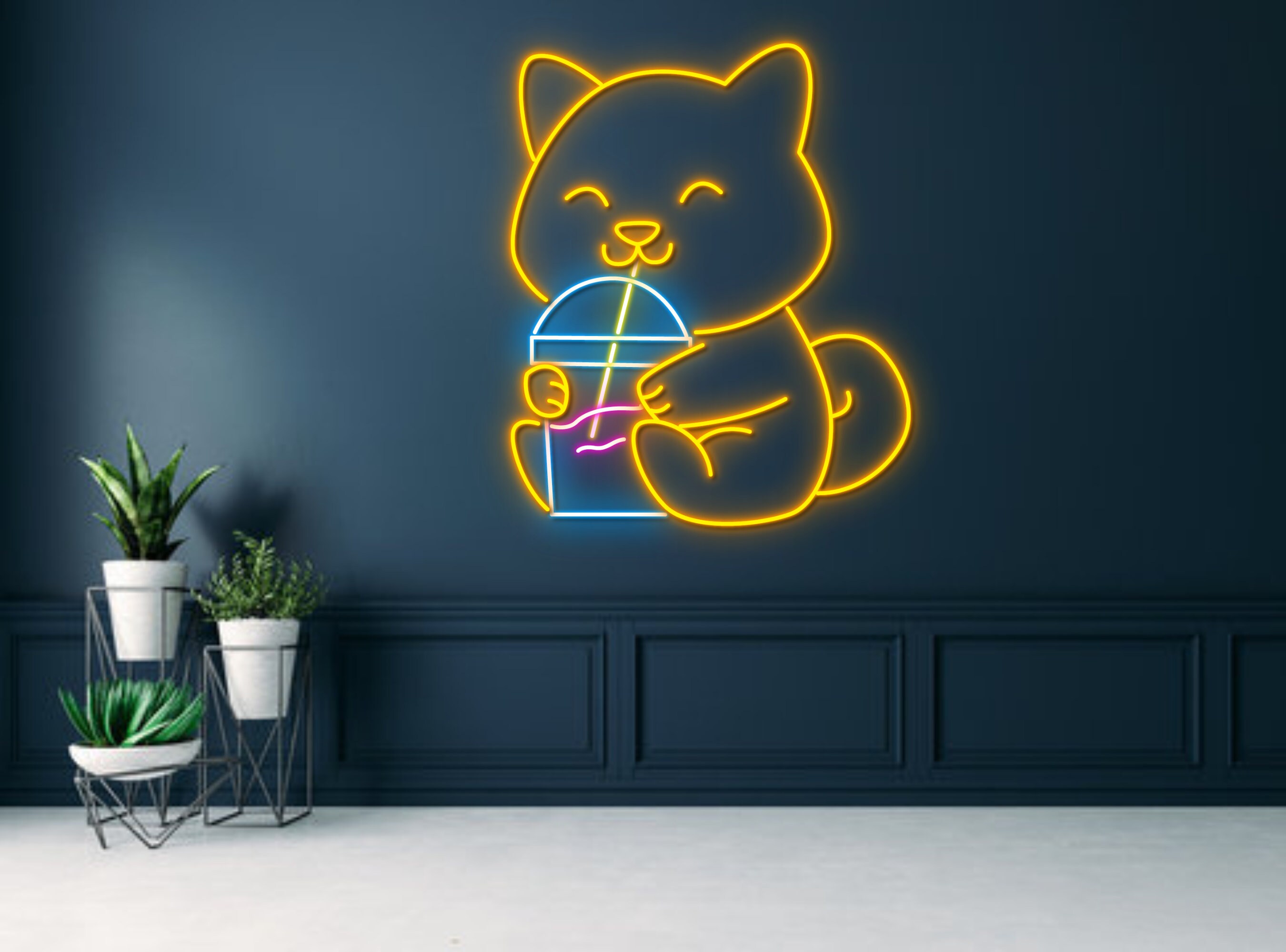Chibi Dog Drink Bubble Tea Neon Sign
