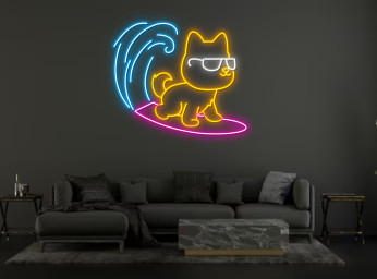 Chibi Dog Surfing On The Beach Neon Sign