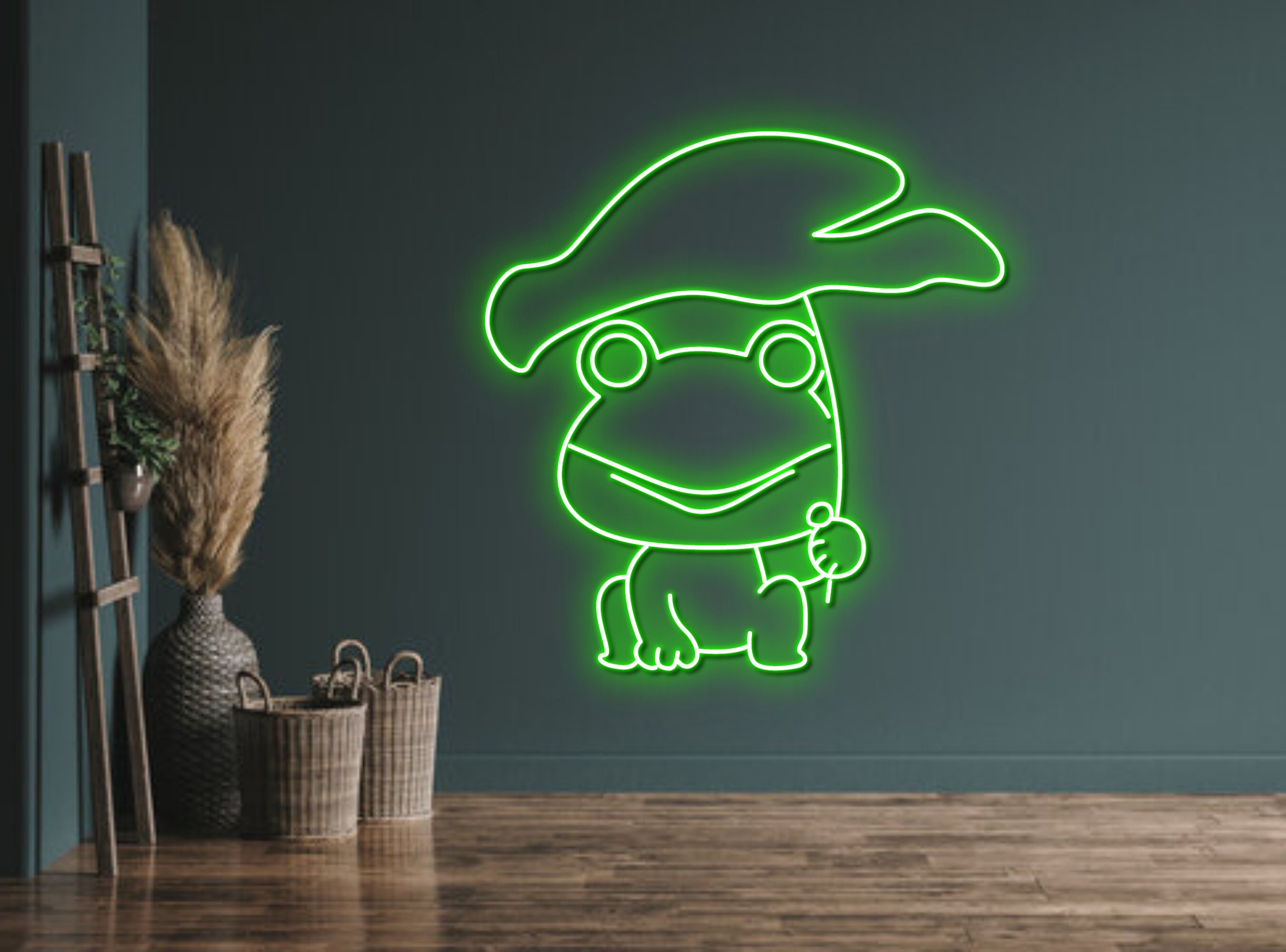 Raining Chibi Frog Under Green Leaf Neon Sign