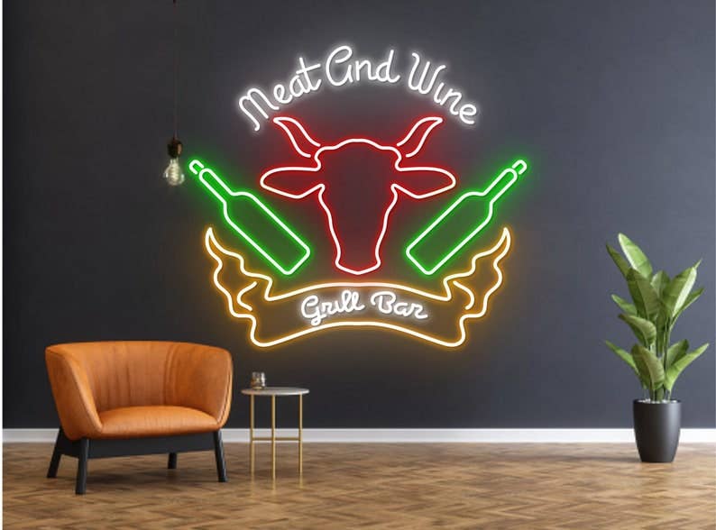 Meat Wine Restaurant Neon Sign Grill Bar BBQ Decor
